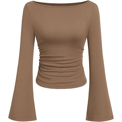 PRETTYGARDEN Womens Long Sleeve Shirts 2026 Spring Crop Going Out Tops Casual Boat Neck Bell Sleeve Ribbed Ruched Y2K Clothes