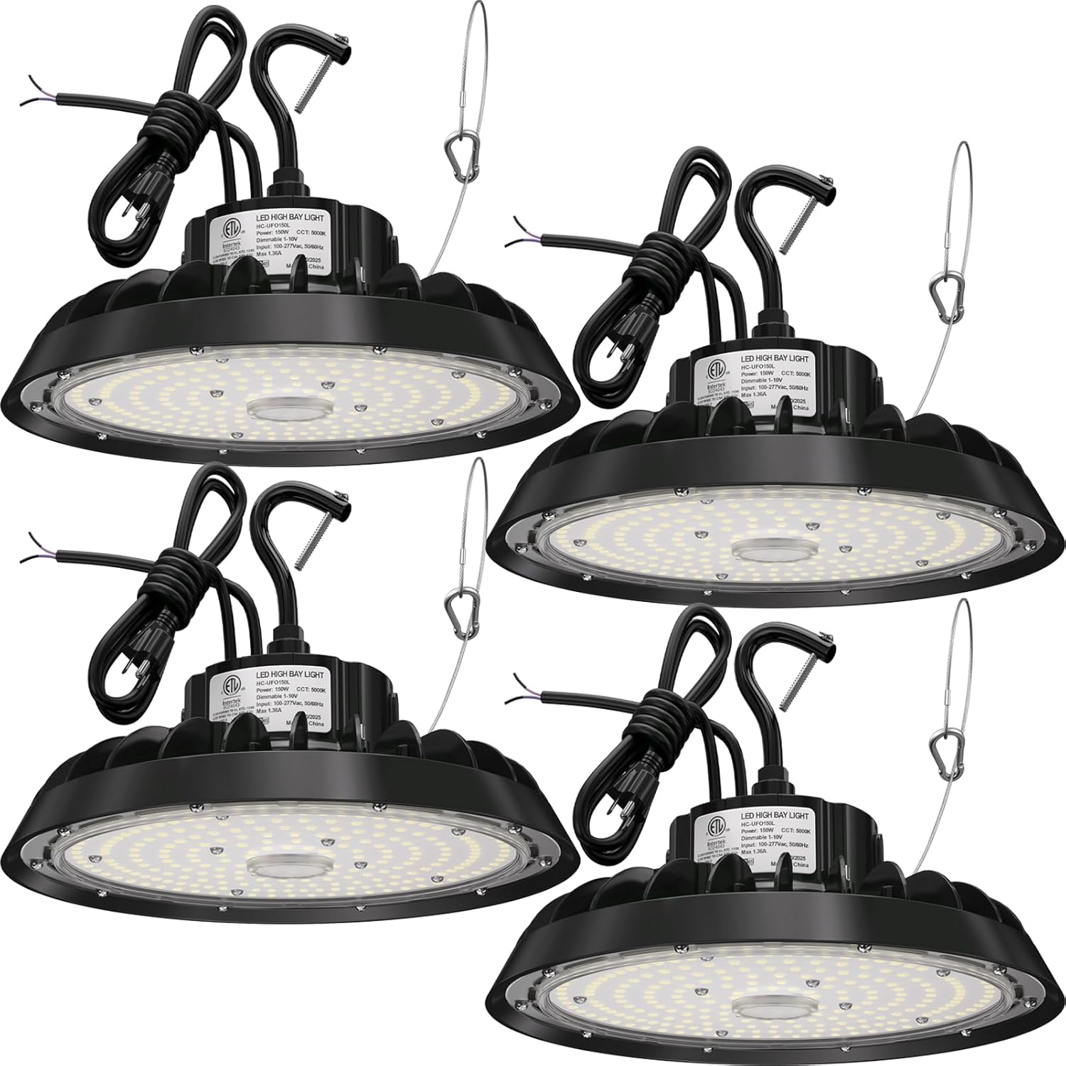 UFO Led High Bay Light 150W 120W 100W Adjustable 5000K 22500LM 1-10V Dimmable High Bay Led Lights ETL Listed US Hook 5' Cable Led High Bay Lighting for Factory Warehouse 4Pack