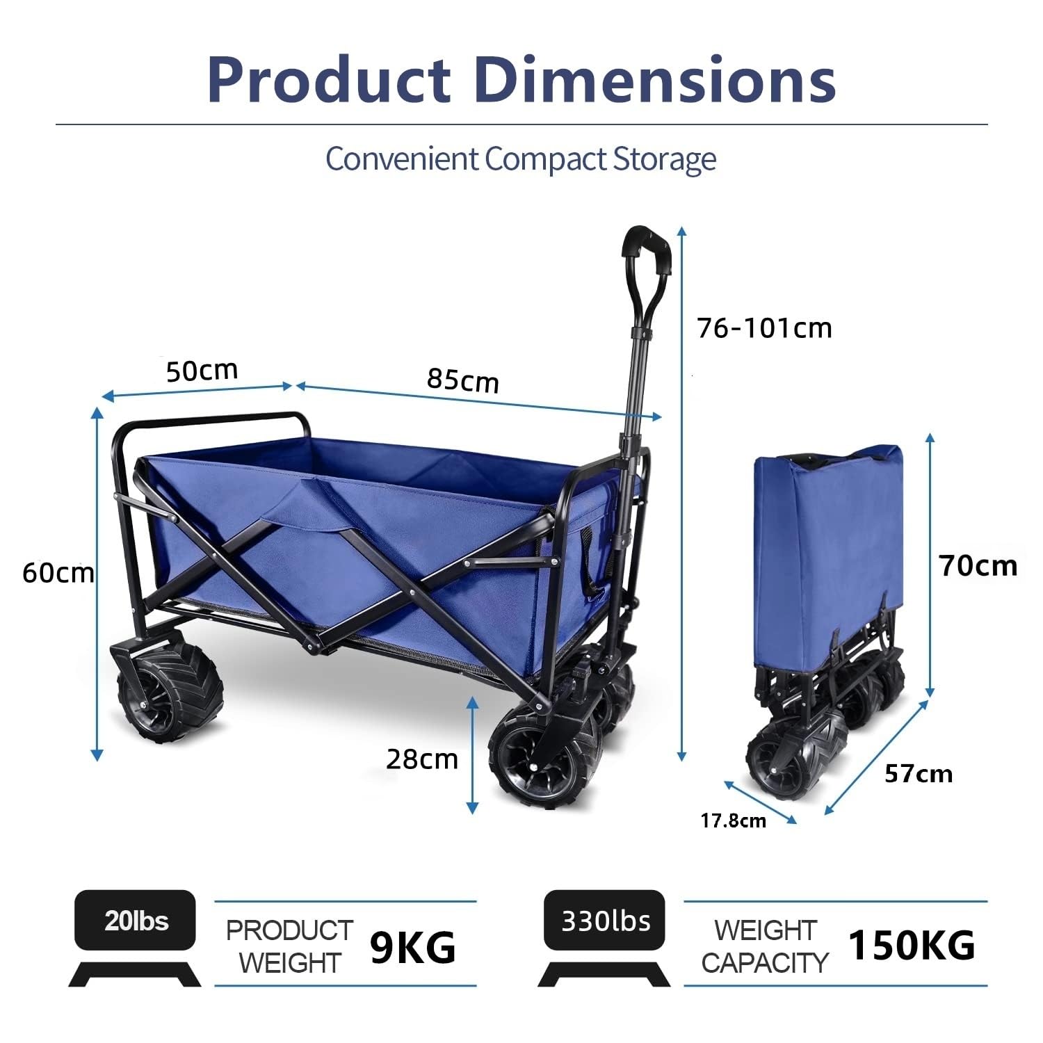 Chariot Pliable, 4 Roues Renforcées Poignée Réglable Chariot de Plage, Chariot de Transport Pliable pour Extérieur Camping Pique-Nique