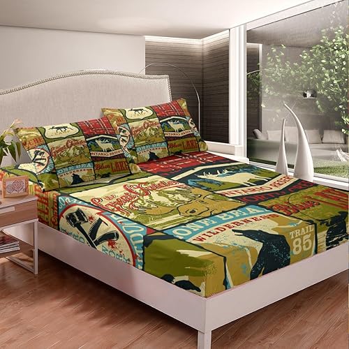 Miniatura 8 de Erosebridal Juego de sábanas bajeras de tamaño individual, diseño rústico de oso de caza, juego de ropa de cama de cuadrícula de búfalo para niños y