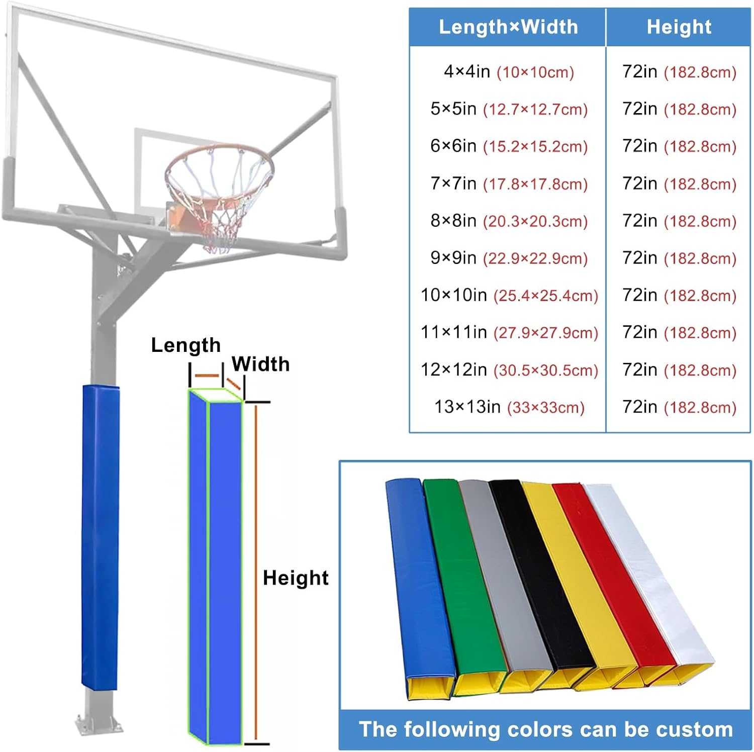 6ft Square Basketball Pole Pads, Basketball Pole Padding Outdoor Square, Hook-and-Loop Fastener, Garage Square Pole Wraps Column Cover, for Basement, Garage & Playground