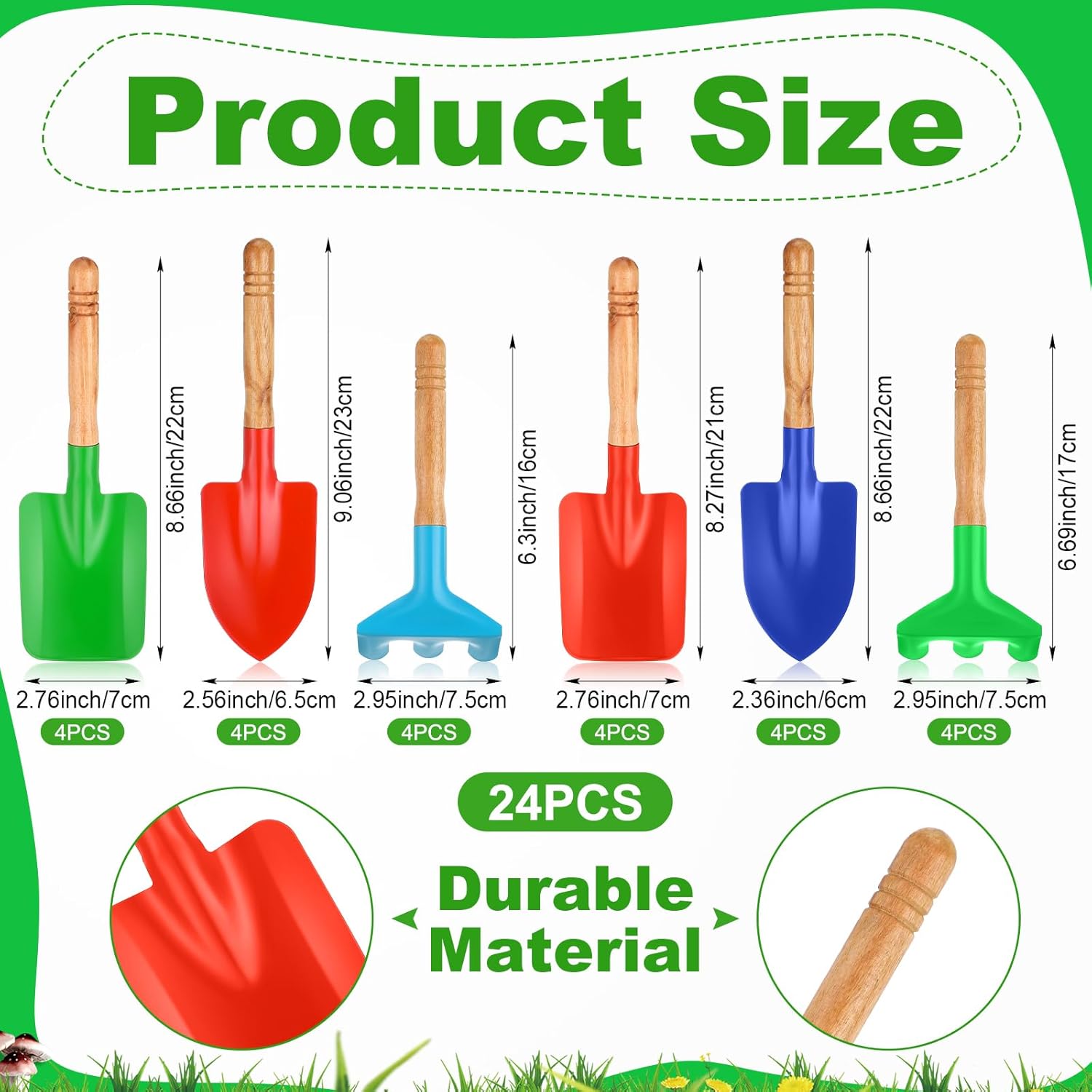 Gisafai 24 Pcs Kids Gardening Tools Set Metal Kids Garden Tools with Sturdy Wooden Handle Safe Toddler Gardening Set Shovel and Rake for Summer Beach Camping Outdoor Digging Sand Play
