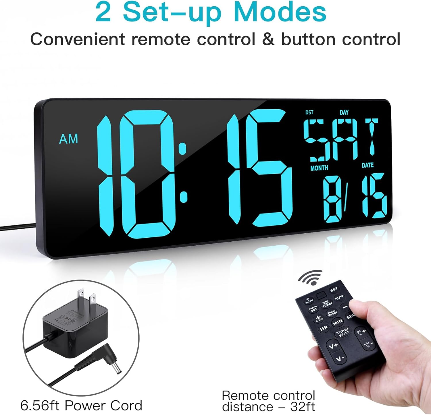 XREXS Large Digital Wall Clock with power cord and remote