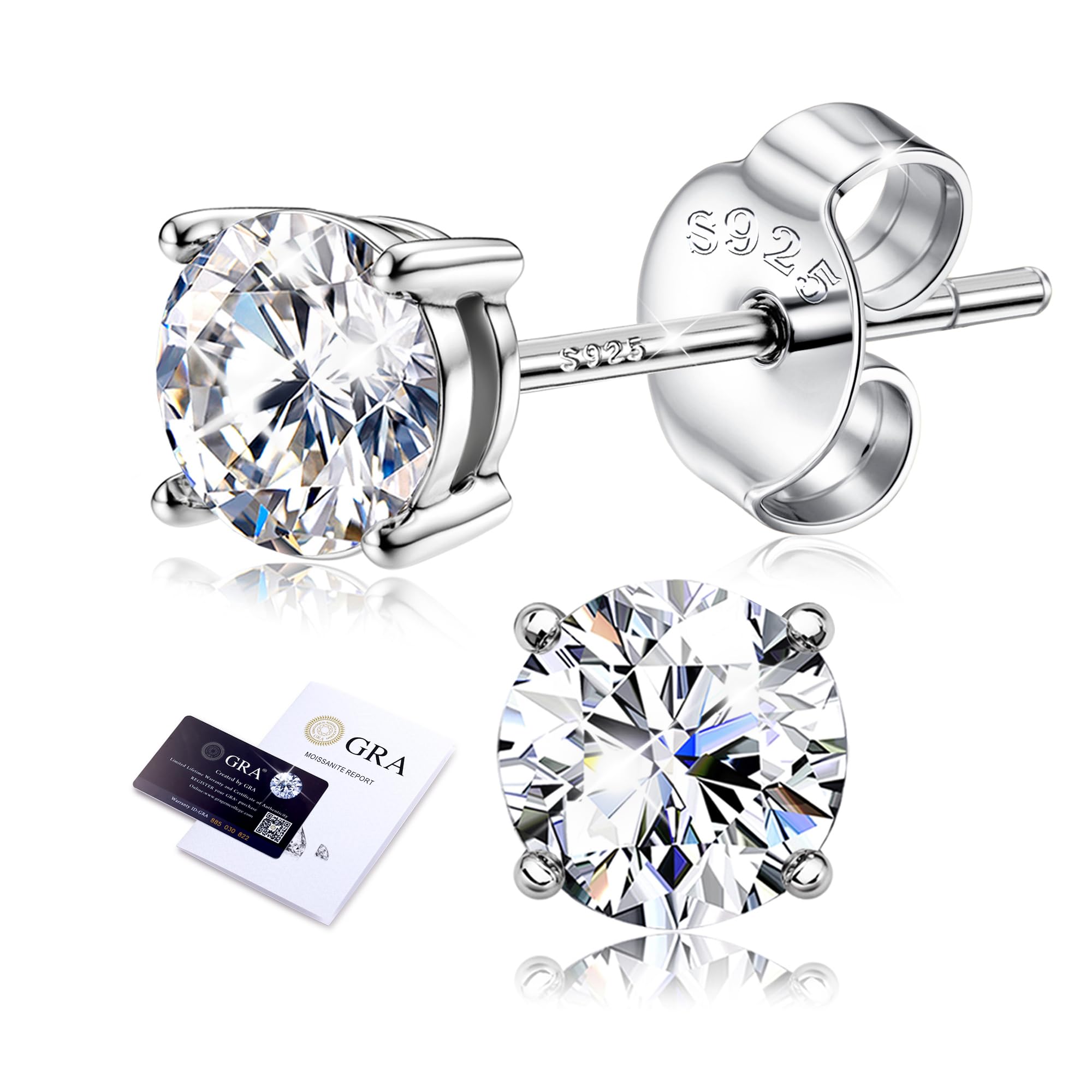 Moissanite Stud Earrings 18K White Gold Plated Brilliant Round Cut Solid 925 Sterling Silver Hypoallergenic Dainty Moissanite Jewelry