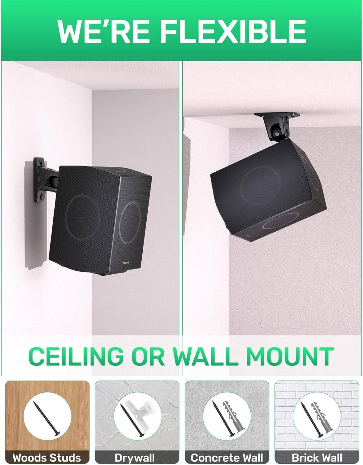 Surround Sound Rear Speaker Wall Mount, Ceiling Mount Bracket for Universal Satellite, fits Keyhole and Thread Hole with 1/4"- 20, 5mm & 4mm Thread, Works with Roku, Samsung q990D, Holds up to 11 lbs