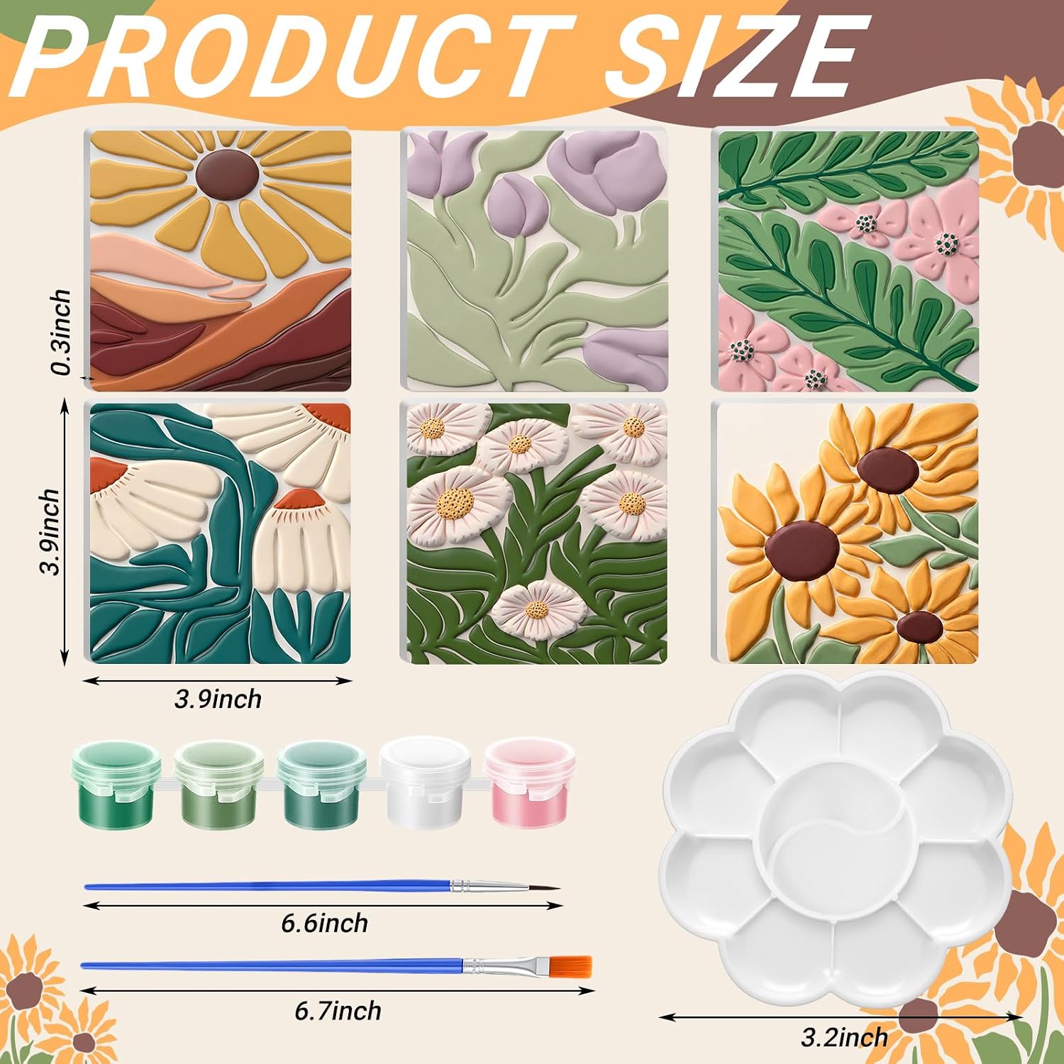 JellyArch 6 Set 3D Vintage Floral Ceramic Painting Kit Ready to Ceramics Make Your Own Crafts Unpainted Plaster Painting Acrylic Paints Brushes Easel Palette Party Favor