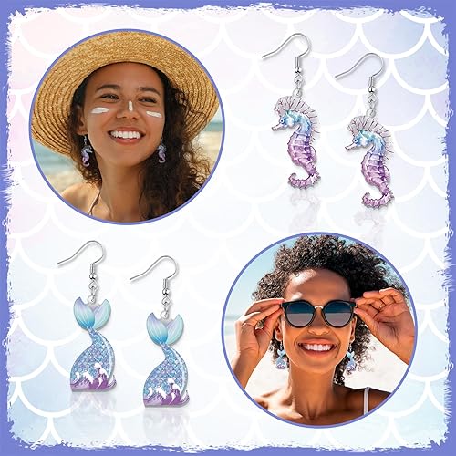 Miniatura 4 de Cumule Aretes de sirena Aretes colgantes de princesa con cola de pez, delfín, estrellas de mar, conchas marinas, escamas de pescado y diseños de