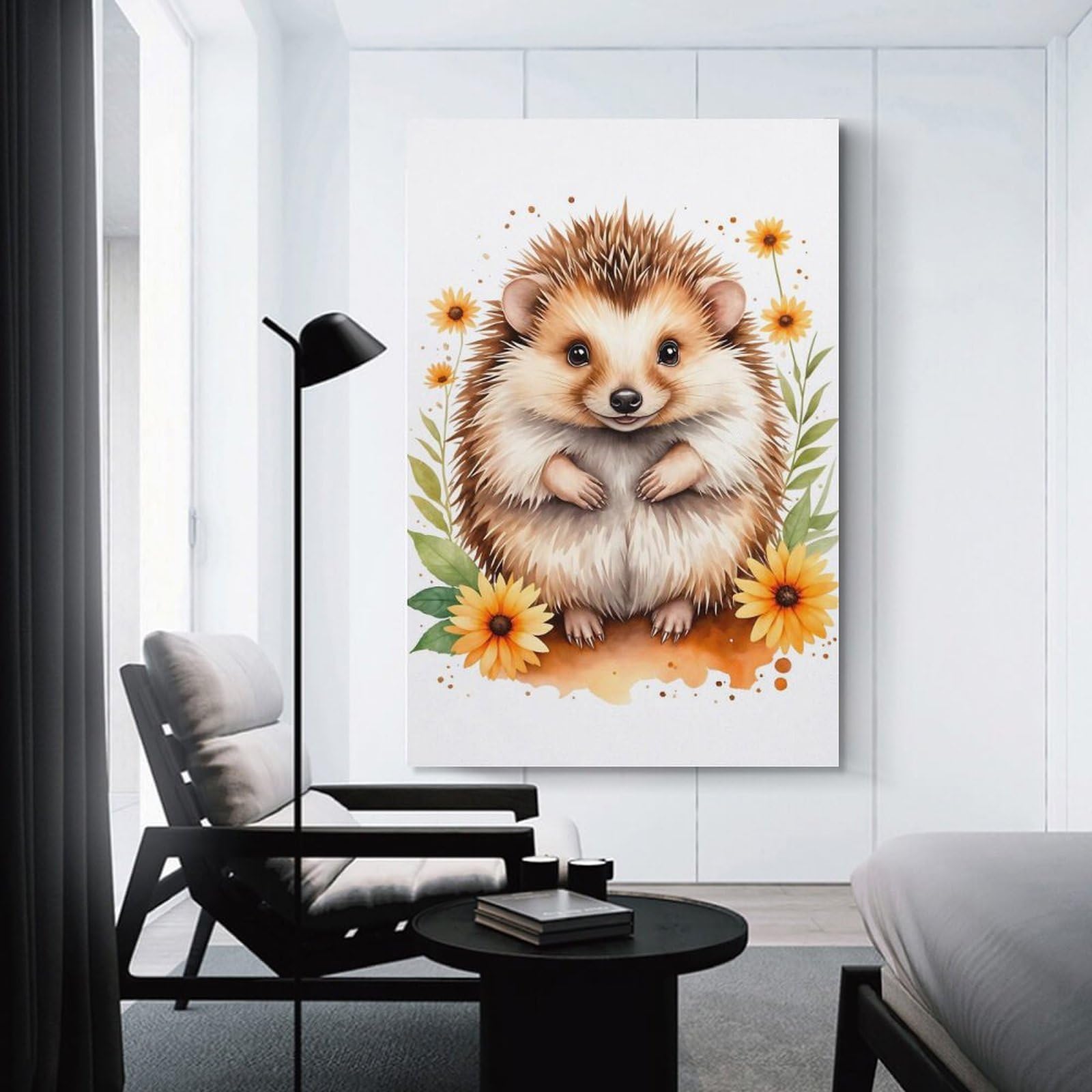 Junmoney Unframe-Style Cute Hedgehog Watercolor Wall Decor Canvas Print, 24X36inch(60X90cm), For Living Room, Lounge Or Sitting Room, Easy Decor For Gallery Walls