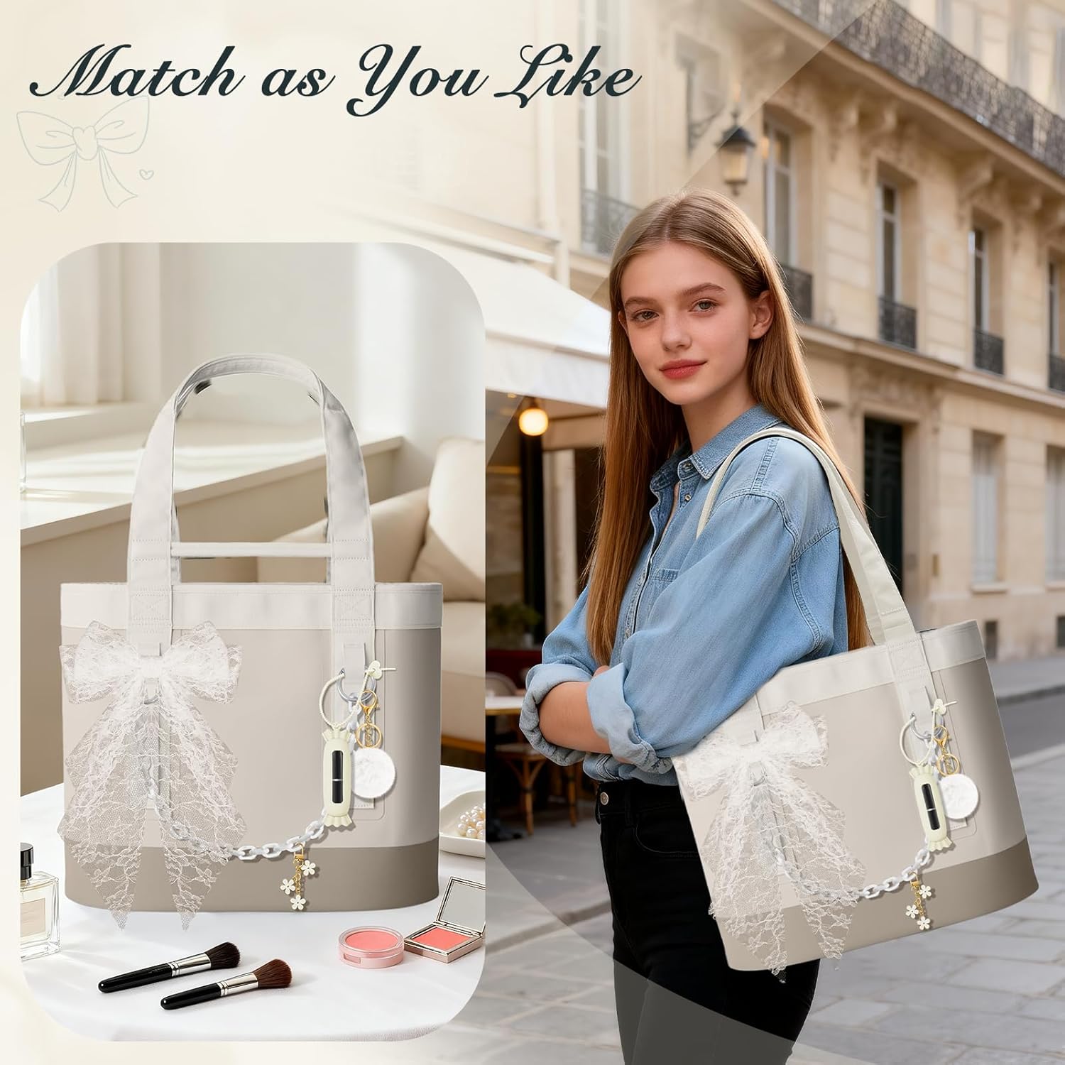 5PCS Tote Bag Accessory Set, Decorative Bow, Candy Lipstick Holder, Flower Charms & Acrylic Chain & Pom Pom Ball Compatible with YETI Camino 20/35/50 Carryall, Bogg Bag Charms for Women