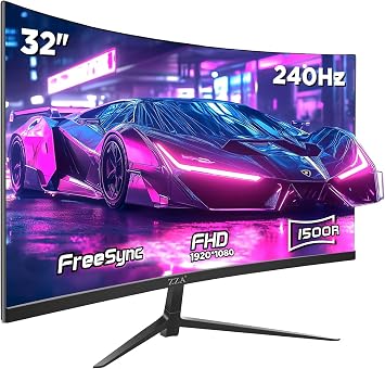 32 Inch Curved Gaming Monitor, 1500R, 240Hz Full HD VA Display with HDR, FreeSync & G-Sync Compatible, Low Blue Light, HDMI & DP Ports, Tilt Adjustable, Wall Mountable Computer Monitor