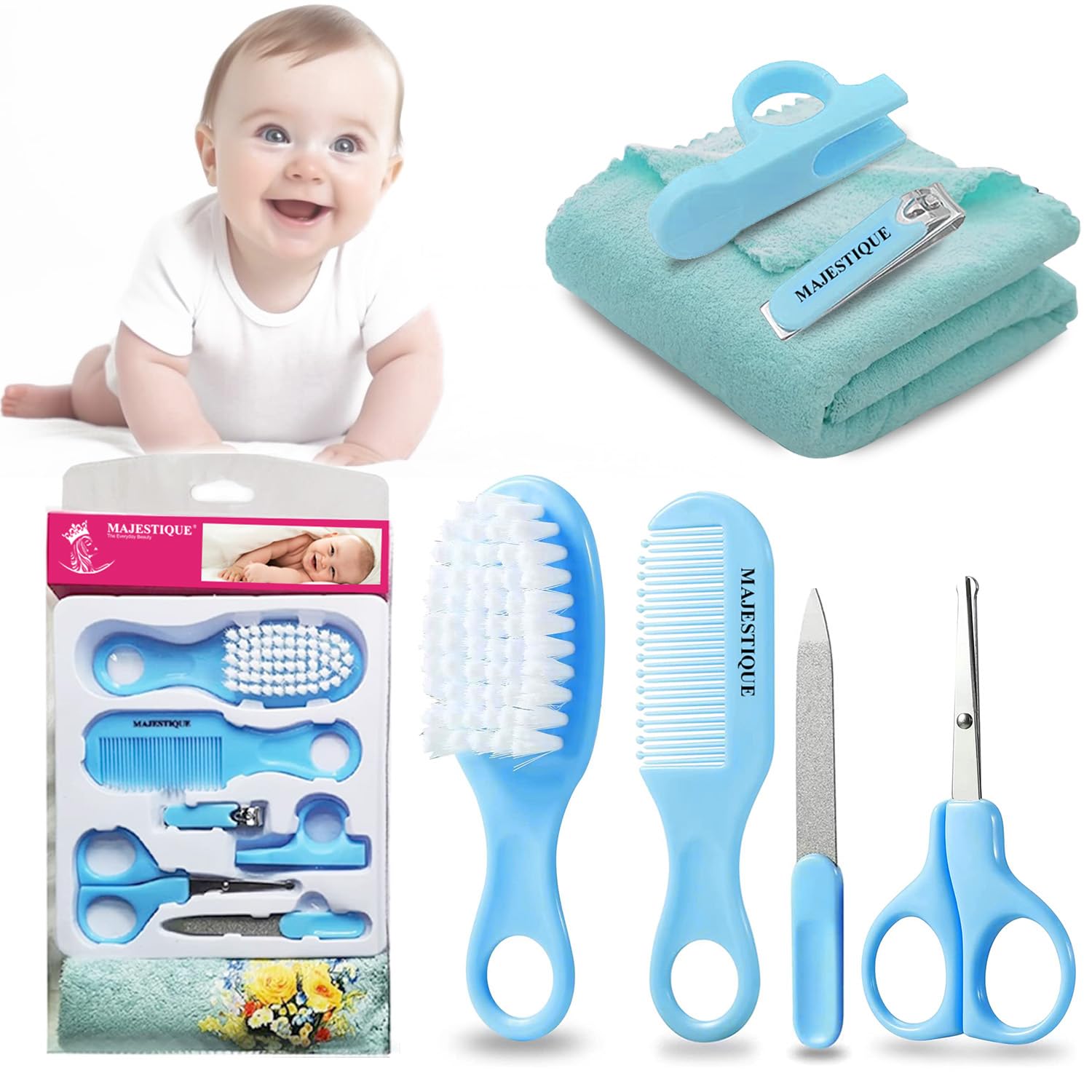 Majestique Baby Grooming Care Kit – 7 in 1 - Hair Brush, Comb, Nail Clipper, Easy Grip Handle Scissors, Nail Filer & Baby Towel | Safe & Gentle Baby Essentials for Infant & Toddler Care (Pink) (Blue)-image-47