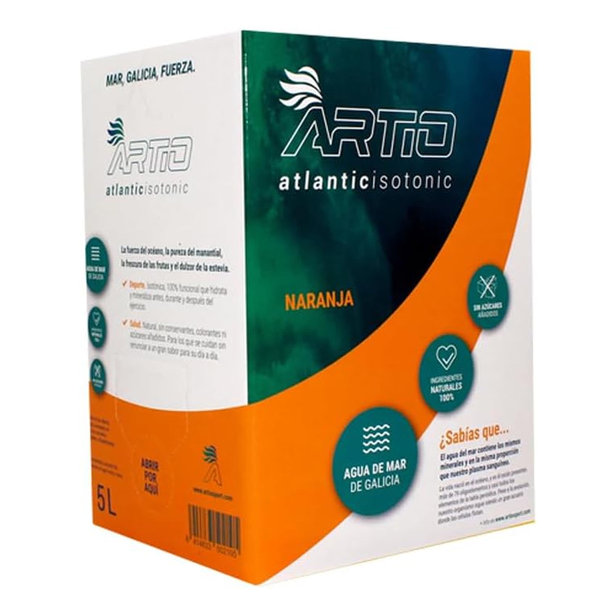 ARTIO Sport Naranja 5L Bebida isotónica elaborada con un 10% de agua de mar y 78 minerales biodisponibles que proporcionan la mejor hidratación