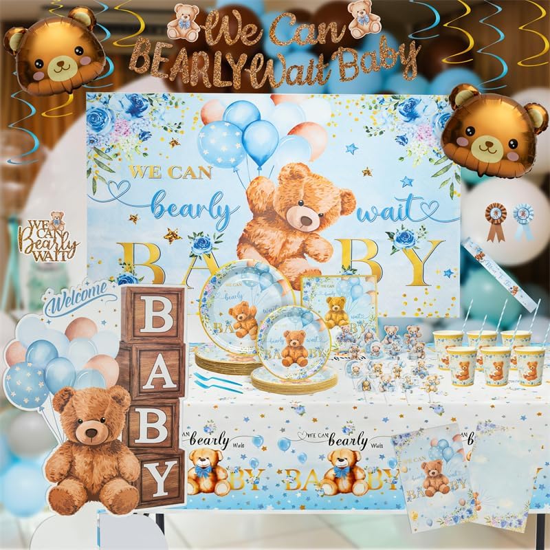 Baby Shower Decorations for Boy or Girl All-in-1 Bear Theme Party Decor Set We Can Bearly Wait Teddy Bear Baby Shower Supplies Blue and Brown Balloon Arch Kit Backdrop and Tableware & Boxes