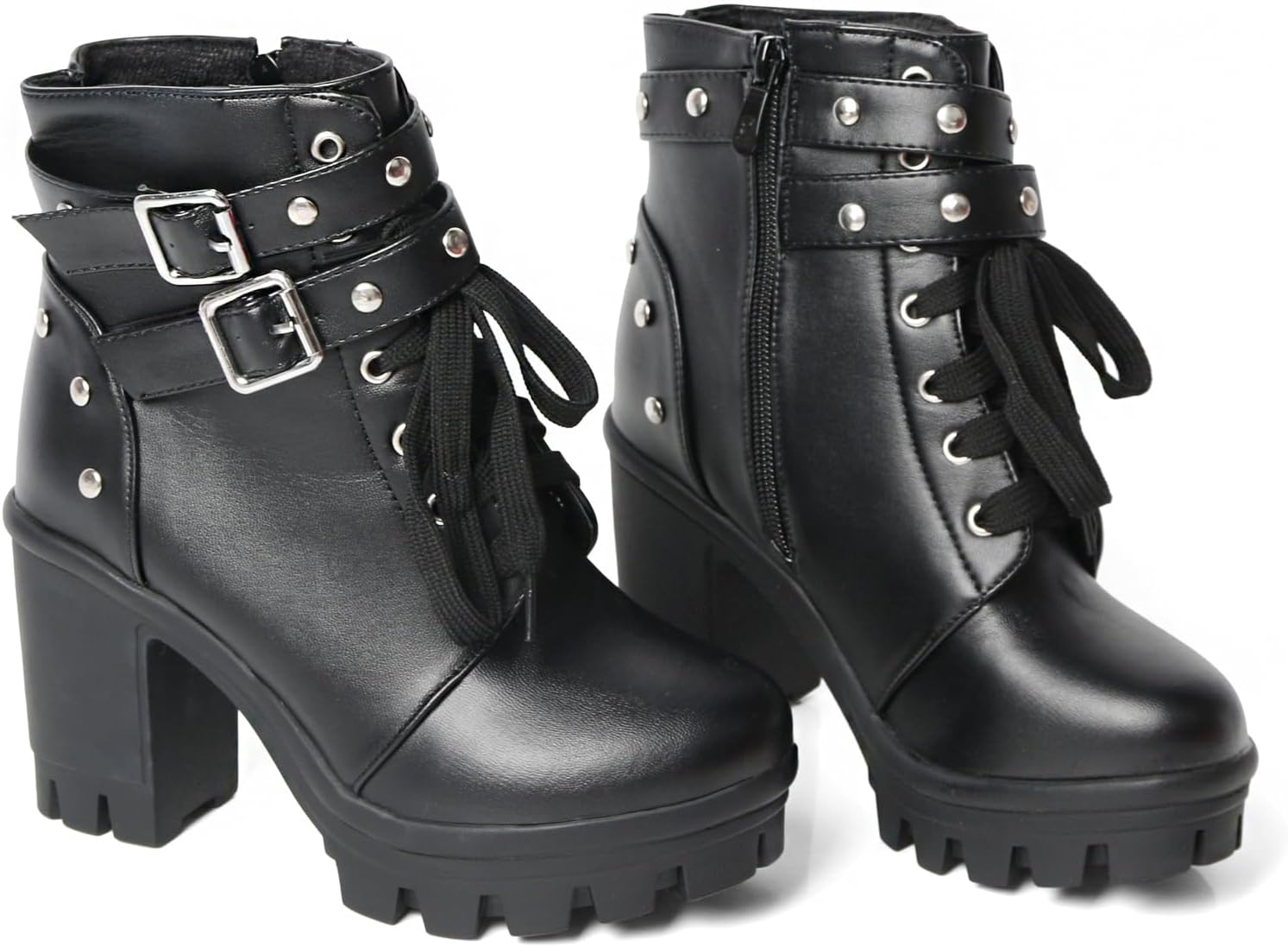 MEOTINA Goth Platform Boots Lace Buckle Gothic Cosplay Booties Chunky High Heels Ankle Boots Zipper Punk Shoes - Image 4