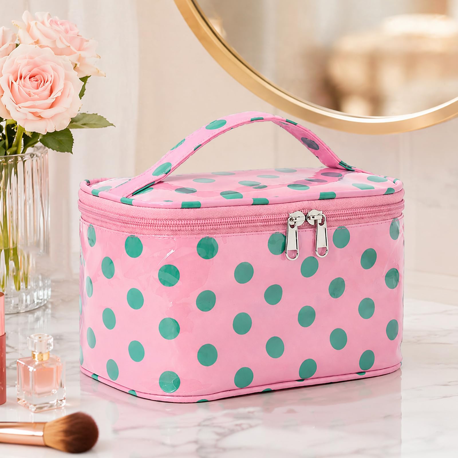 Polka Dot PVC podróżna kosmetyczka do makijażu, wodoszczelna dla kobiet, | EcoGleam Polka Dot PVC podróżna torba do makijażu, wodoodporna dla kobiet, estetyczna podróżna kosmetyczka z uchwytem, porta
