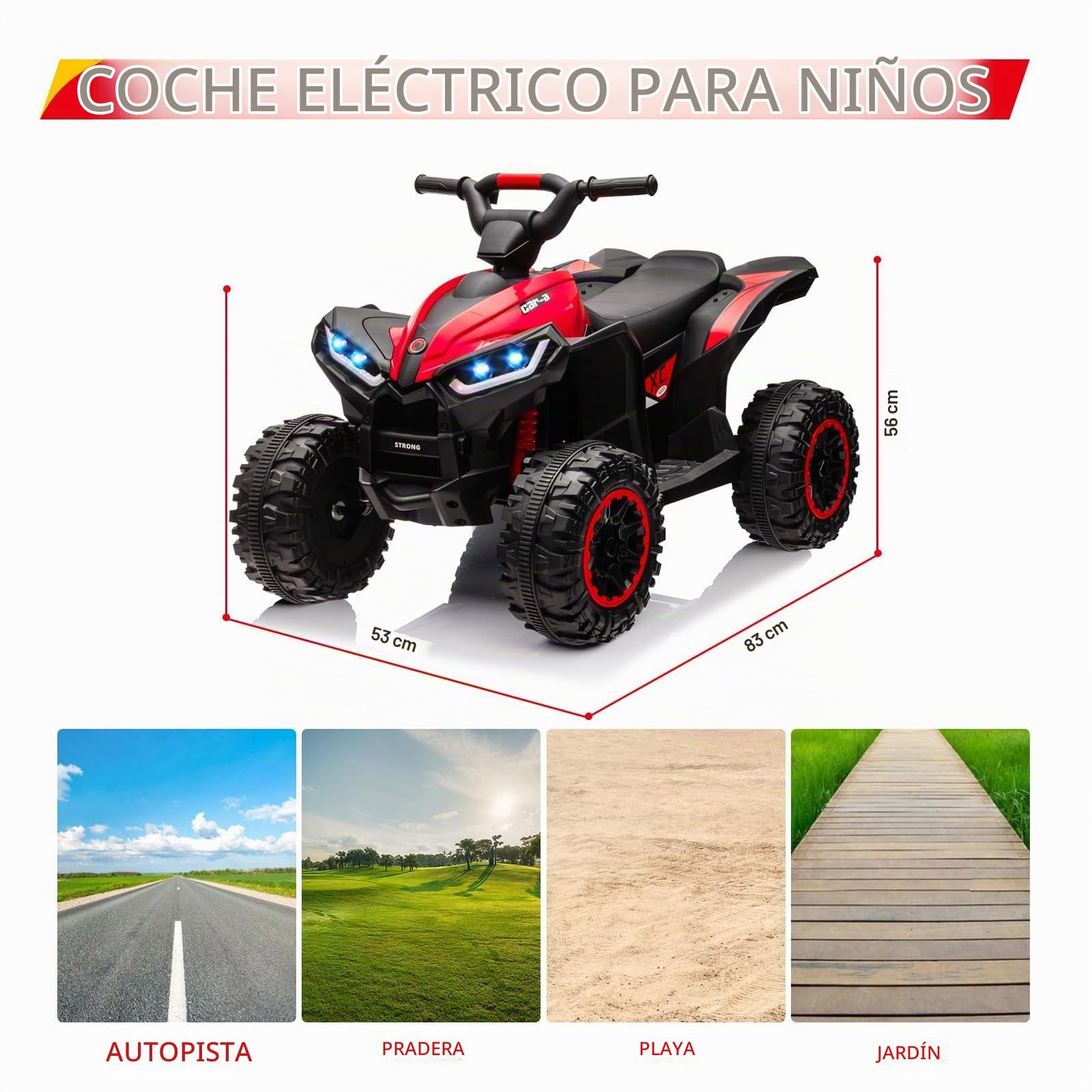 Quad Eléctrico para Niños con Control Remoto 2,4G, 12V Quad Eléctrico Infantil Dos Velocidades, Luces LED, Música, Radio y USB, 3+ Años (Rojo)