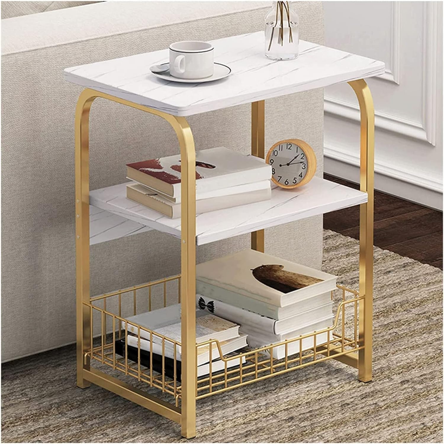 KEYOZA Bookcase Nightstand, End Table,Bed Side Table for Small Spaces Magazine Stand with Storage Engineered Metal Wooden Bedside Table, Coffee Table, Living Room/Bedroom (Gold) (White)-image-44
