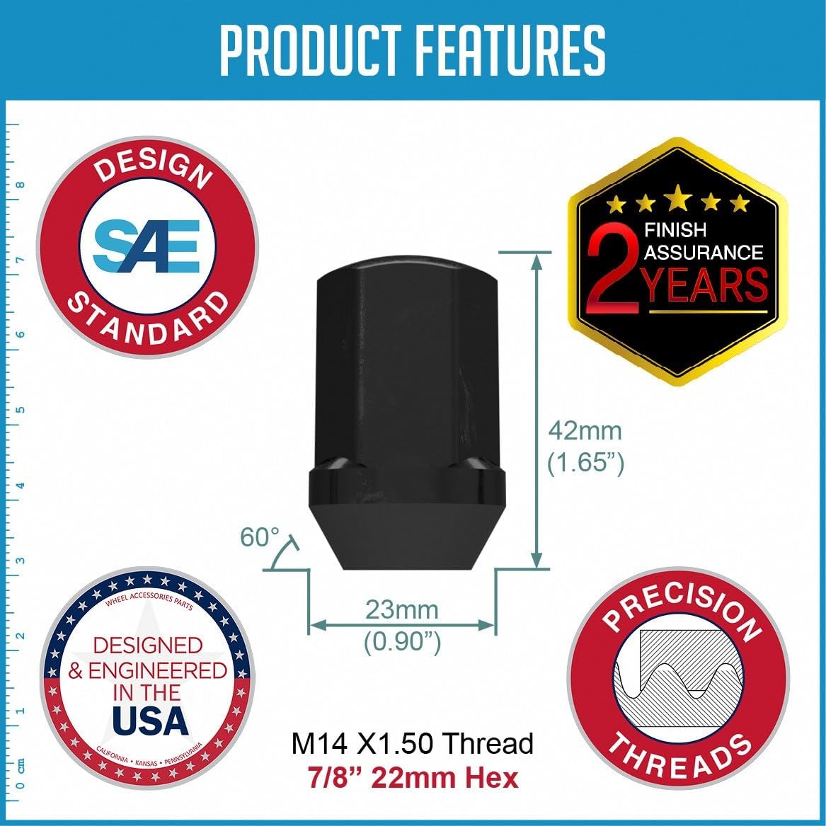 Wheel Accessories Parts Premium OEM Style Lug Nuts 2 Year Warranty M14x1.5 14x1.5 Thread 1.65" Long Black 7/8" 22mm 6509422AA ｜ 611-330 Hex Fits｜ Jeep Wrangler Gladiator ｜ Ram 1500 2500 3500