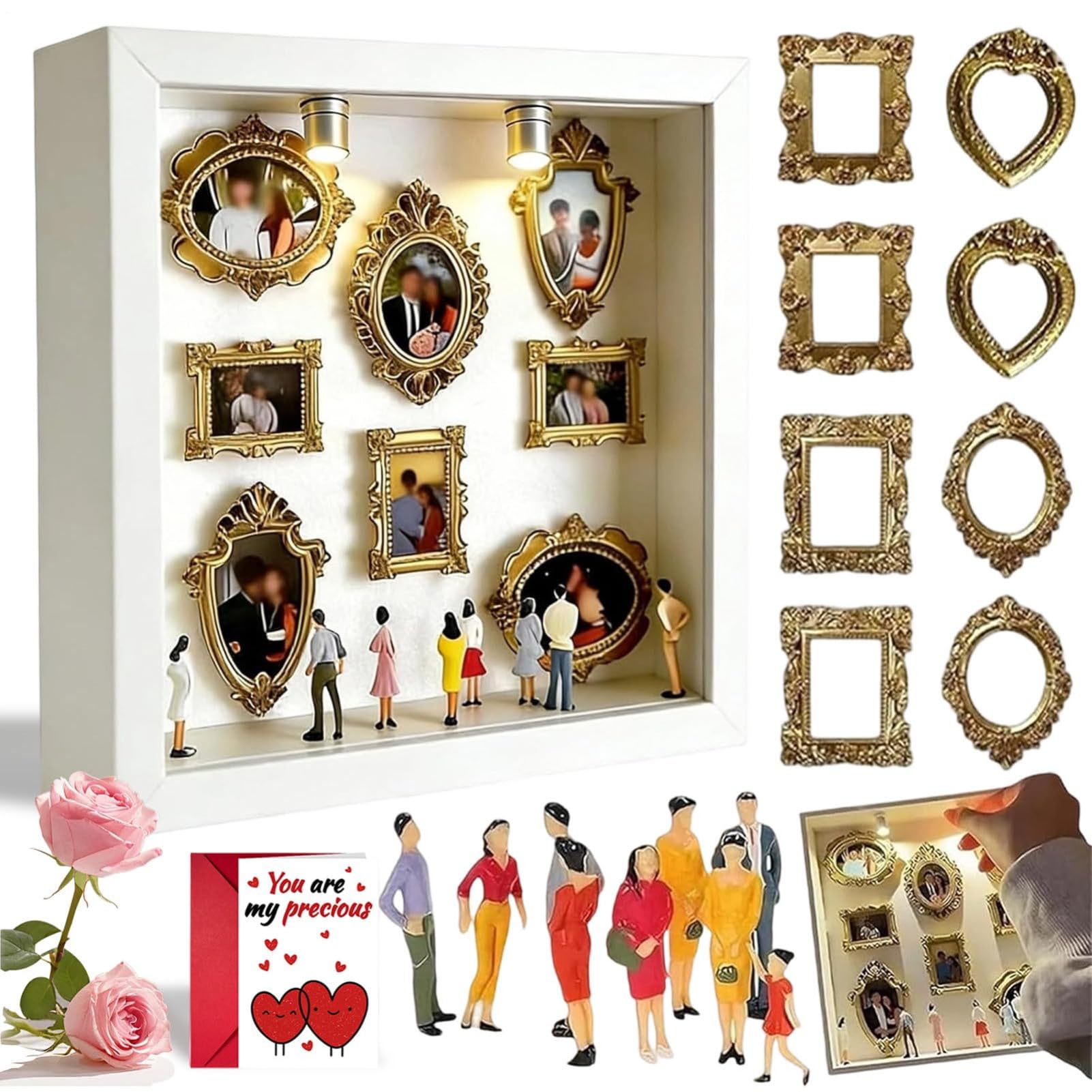 DIY Mini Museum Silhouette Box - Shadow Box Frame Kit Con 11 Cornici Dorate & 8 Figurine | Per San Elegante, Anniversari E Matrimoni | Vetrina Illuminata Per Ricordi Familiari