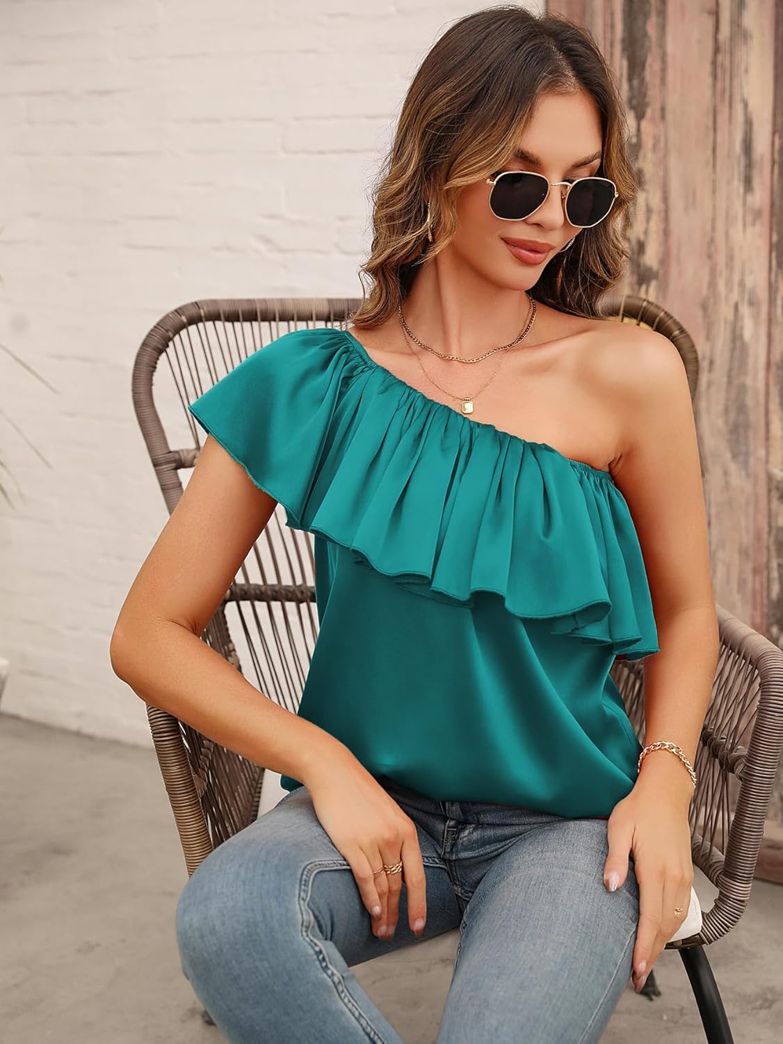 Womens Off Shoulder Satin Ruffle Layered Blouses Silk Short Sleeve Tunic Shirt Casual Tops - Image 6