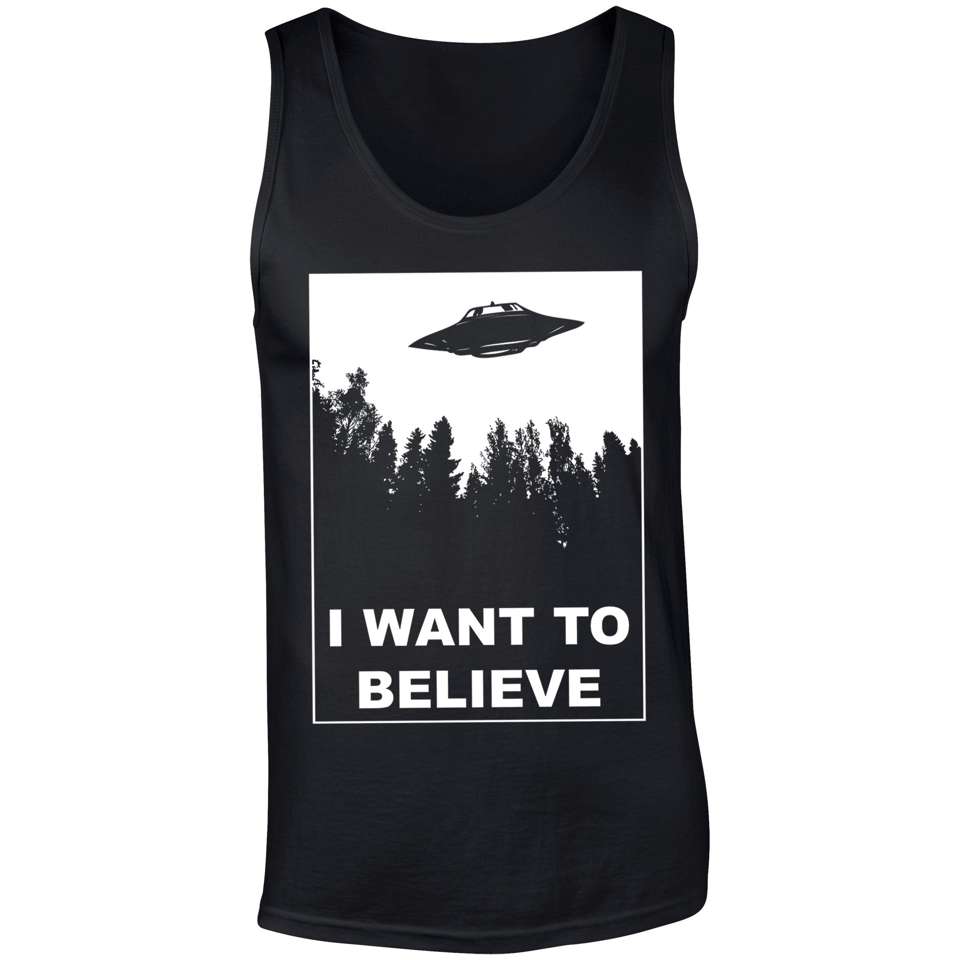 Mens I Want to Believe UFO Aliens X Files Inspired Vest Tank Top Black (L)