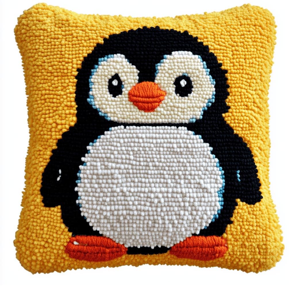 Kitquiver Latch Hook Kits Penguin for Adults,Beginners DIY Latch Hook Cushion Kits and Latch Rug Kits Cross-Stitch Embroidery Cushion Cover for Home Sofa Decoration 17X17 in