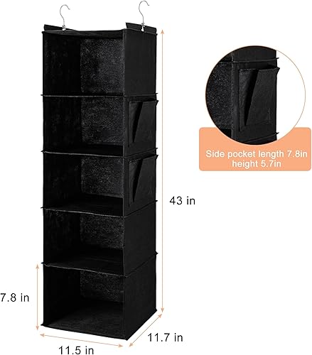 Miniatura 3 de BOOMIBOO Organizador de armario colgante y estantes, 5 estantes colgantes con 2 bolsillos laterales, almacenamiento plegable (negro)