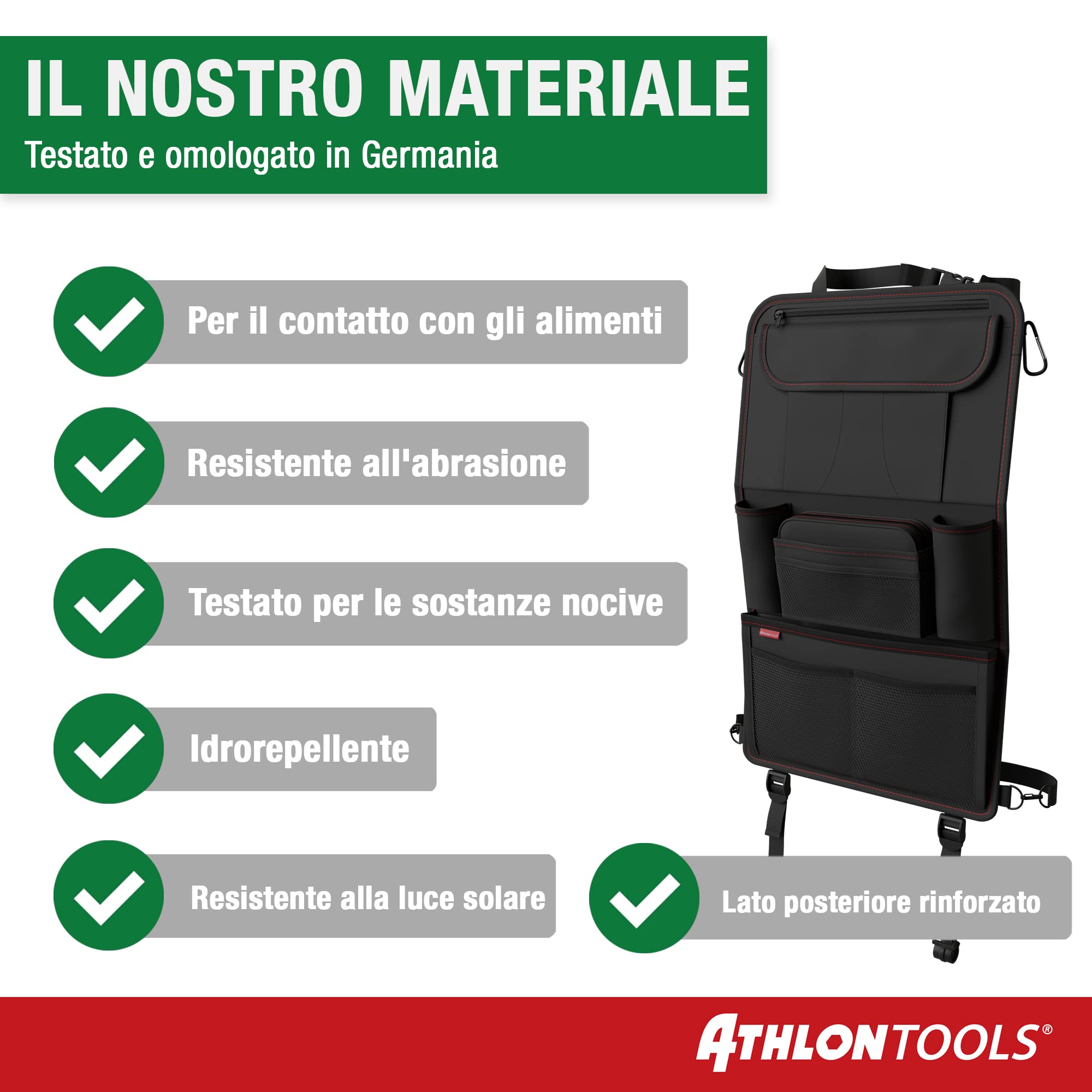 ATHLON TOOLS Organizer per seggiolino auto con supporto integrato per tablet – retro rinforzato – con astuccio extra – per business e bambini – progettato ad Amburgo