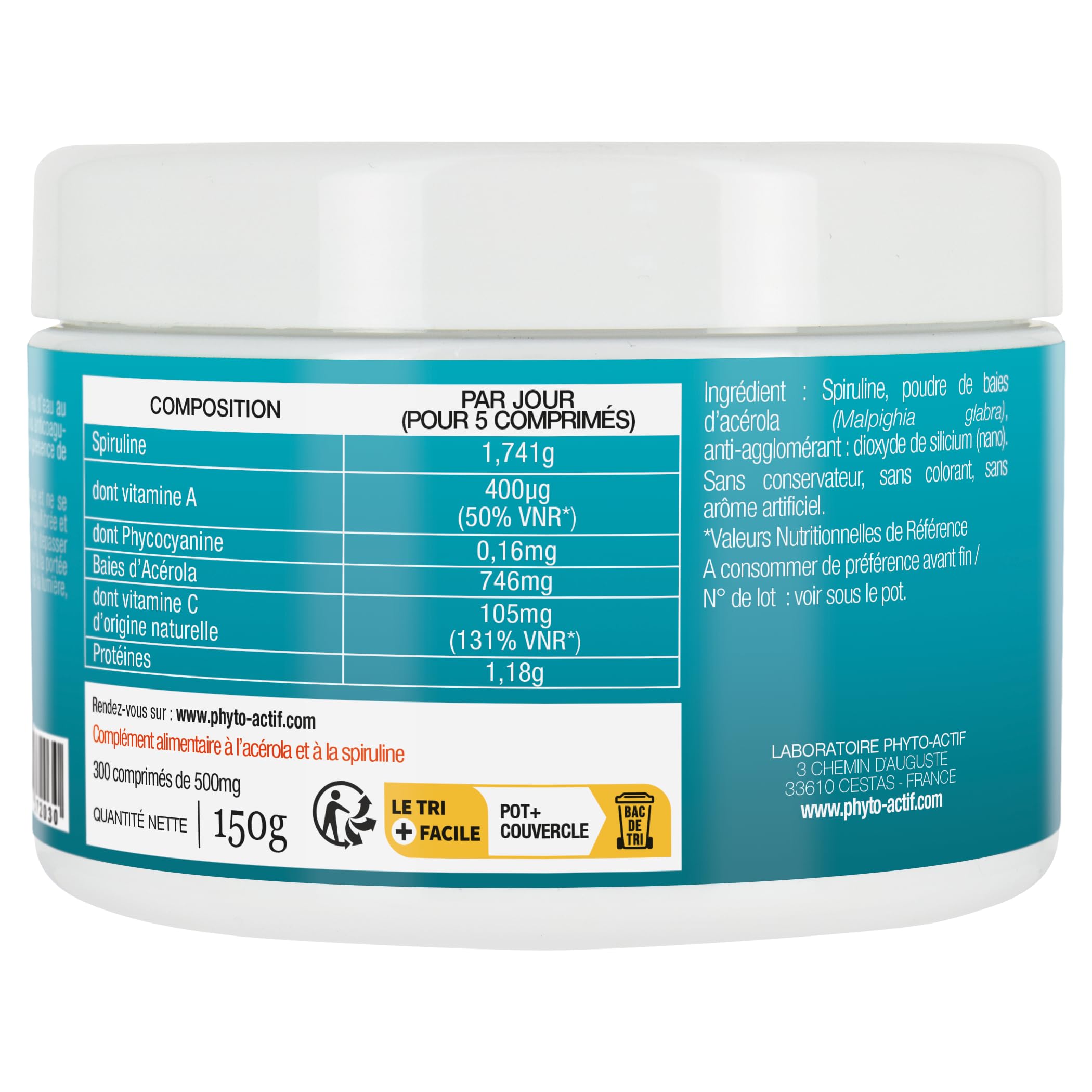 PHYTO-ACTIF | Spiruline & Acérola | Complément alimentaire Immunité & Vitalité | Système immunitaire renforcé | Réduit la fatigue | Riche en Vitamine C & Protéines végétales | 300 comprimés