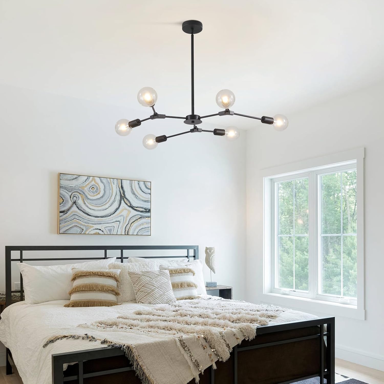 KCO Lighting Modern Black 6-Lights Sputnik Chandelier Ceiling Light Fixture Industrial Vintage Pendant Lighting Chandeliers Farmhouse Semi Flush Mount Ceiling Lamp