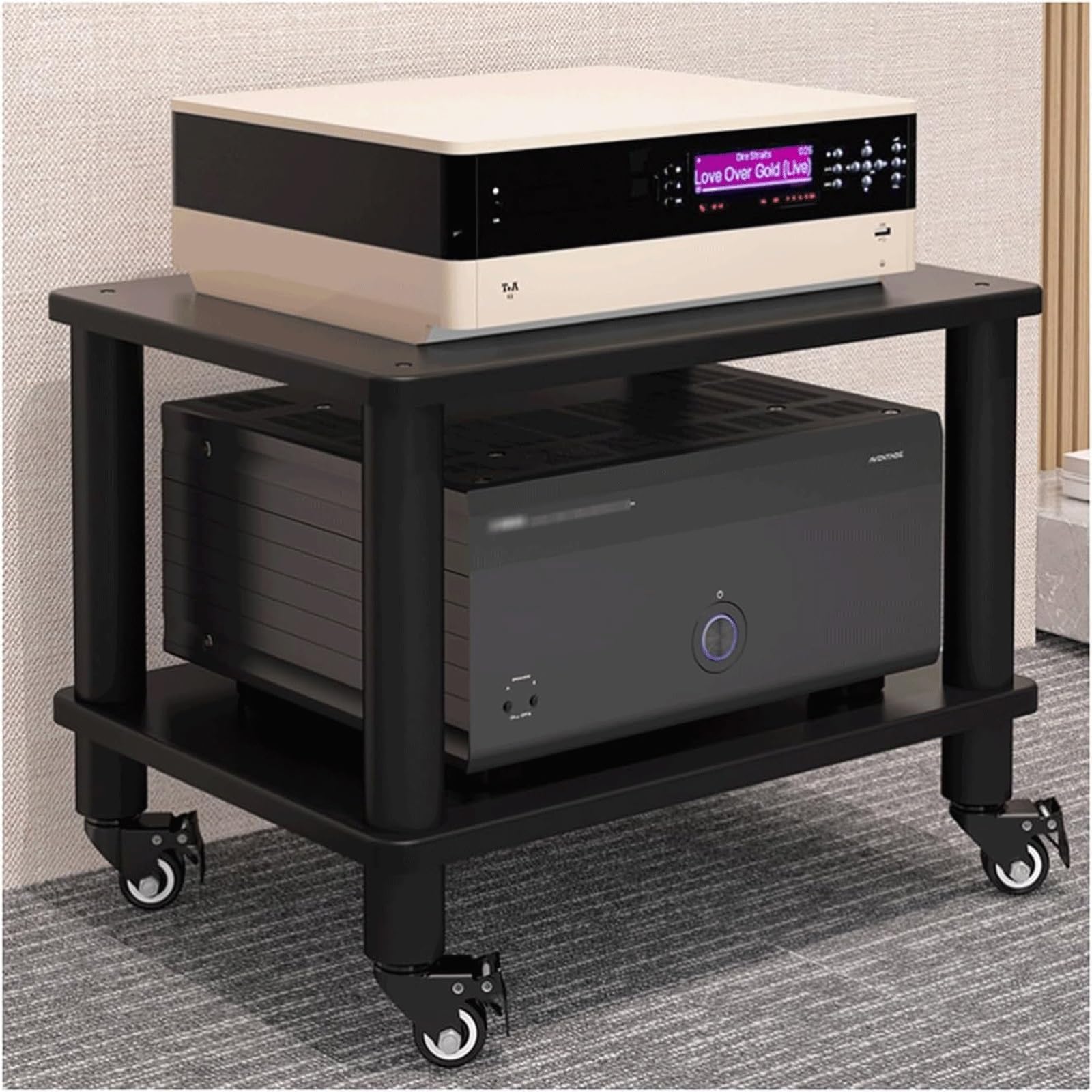 CWCQGH Wooden Audio Rack with Wheels 1 Tier Stereo Rack Open Cabinet for Audio Equipment Mobile Audio Video Shelving Stylish Finish,Nero-2 Tier