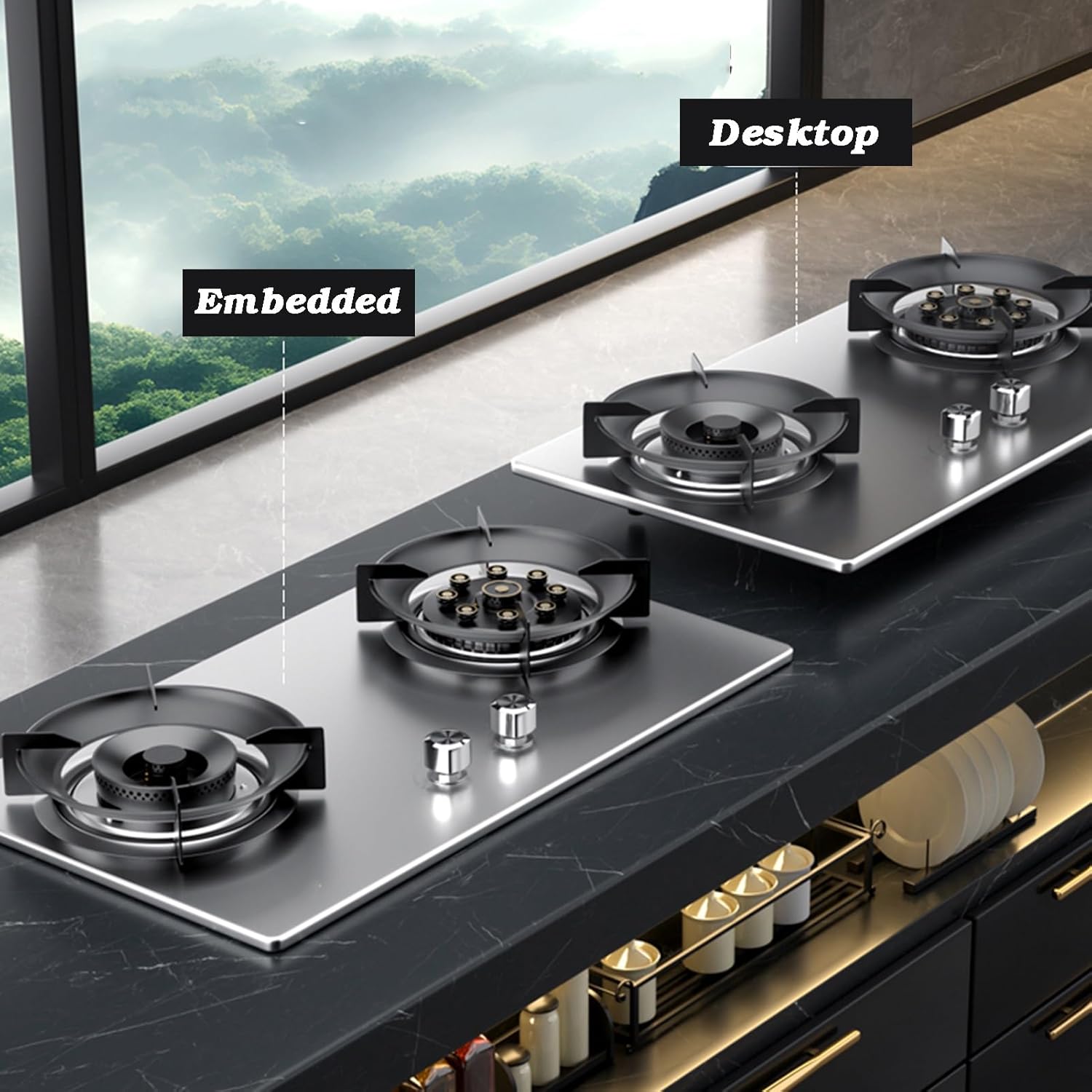 Gas Cooker 2 Burners,5.2kw 9-Cavity High-fire Frying Pan,Tempered Glass Countertop,NG/LPG Gas Source Kit,with Flameout Protection(LPG)