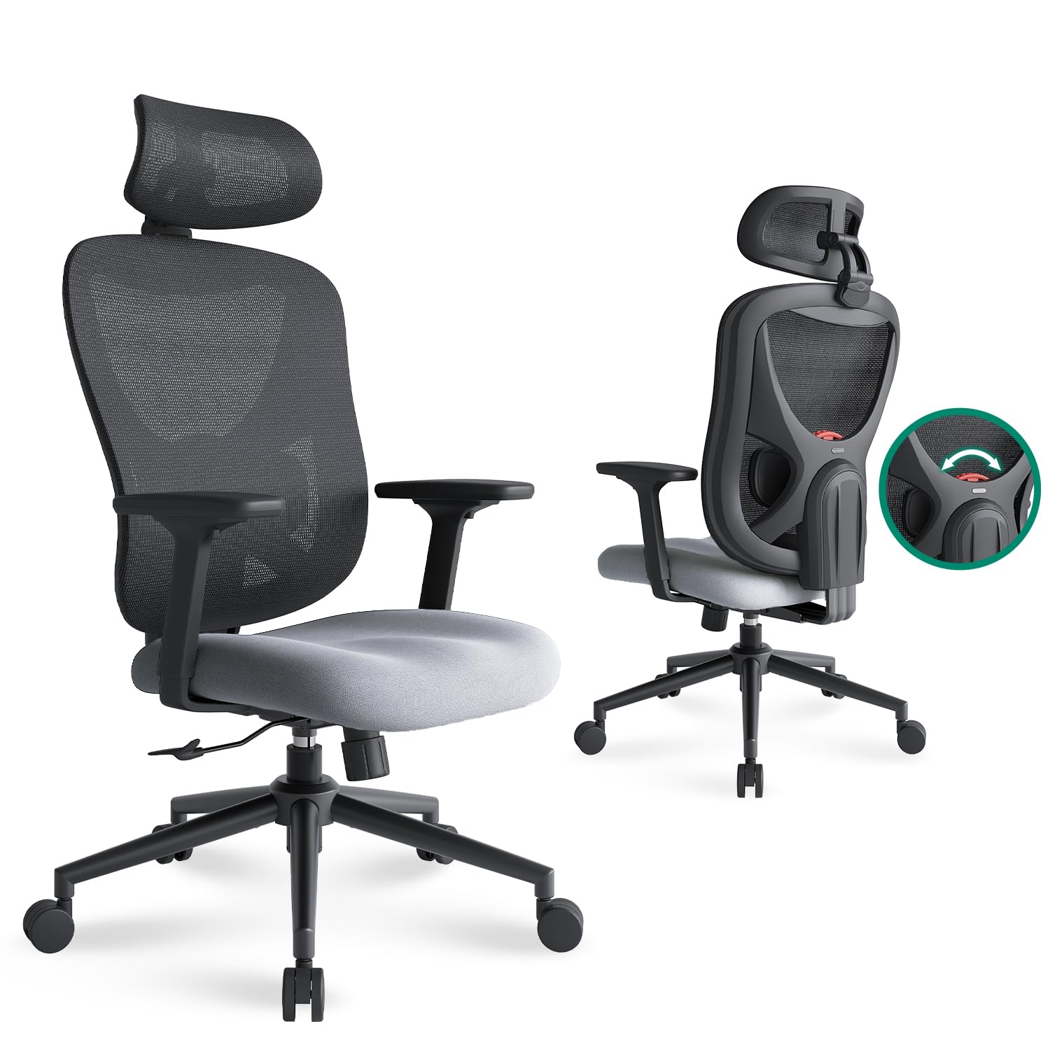 Eucladoceros Silla Ergonomica Escritorio, Silla Oficina con Respaldo Elevable, Soporte Lumbar 3D Ajustable, Reposacabezas y Reposabrazos, Silla Gamer con Bloqueo de Inclinación de 125°(Gris)