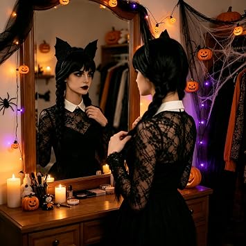 Wednesday Addams Wig with Single Hand Necklace and Headband Long Black Braided Wig with Bangs Halloween