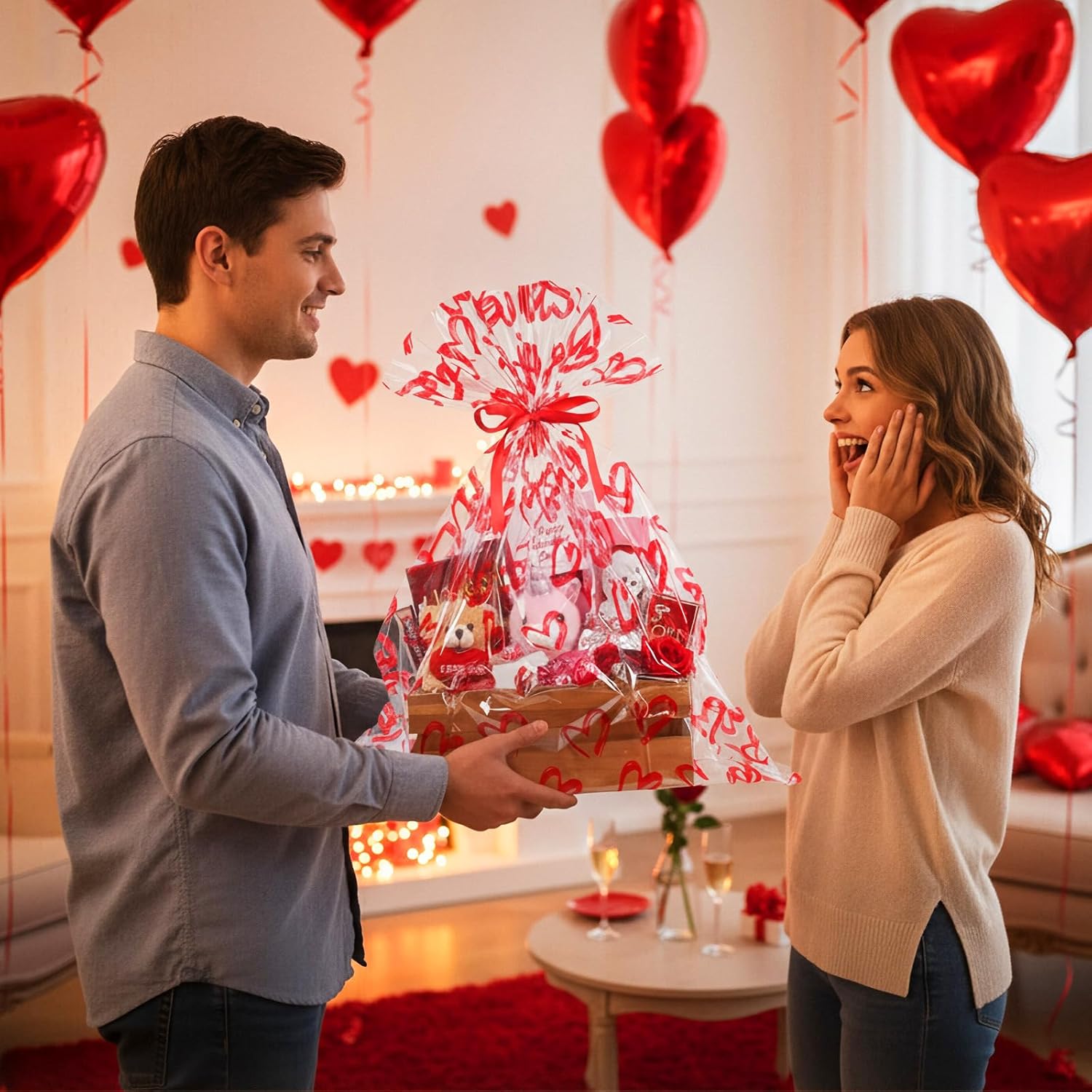 Tenceur 60 Pcs Giant Valentine's Day Heart Clear Cellophane Gift Bags with Red Ribbons - Large 25.6 × 31.5 Inches Valentine's Day Plastic Basket Wrapping for Gifts, Crafts, Dolls, and Toys