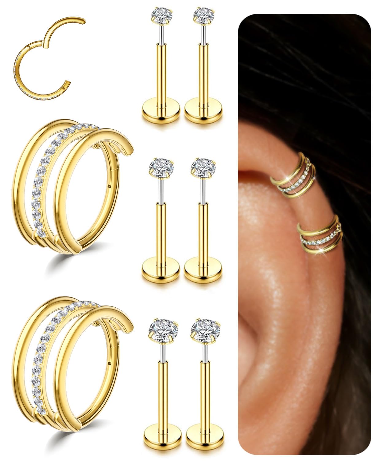 Photo 1 of AMASIS 14K Gold Plated Triple Hoop Earrings Set