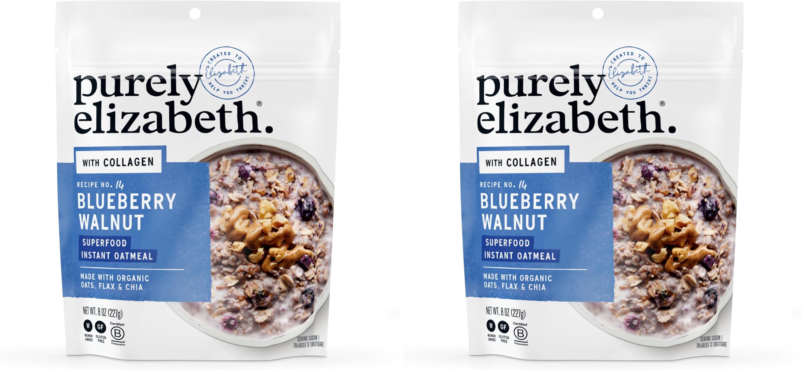 Purely Elizabeth, Blueberry Walnut, Superfood Oatmeal Pouch 8oz (8oz Bag), Collagen, Gluten-Free, Organic Oats (Pack of 2)