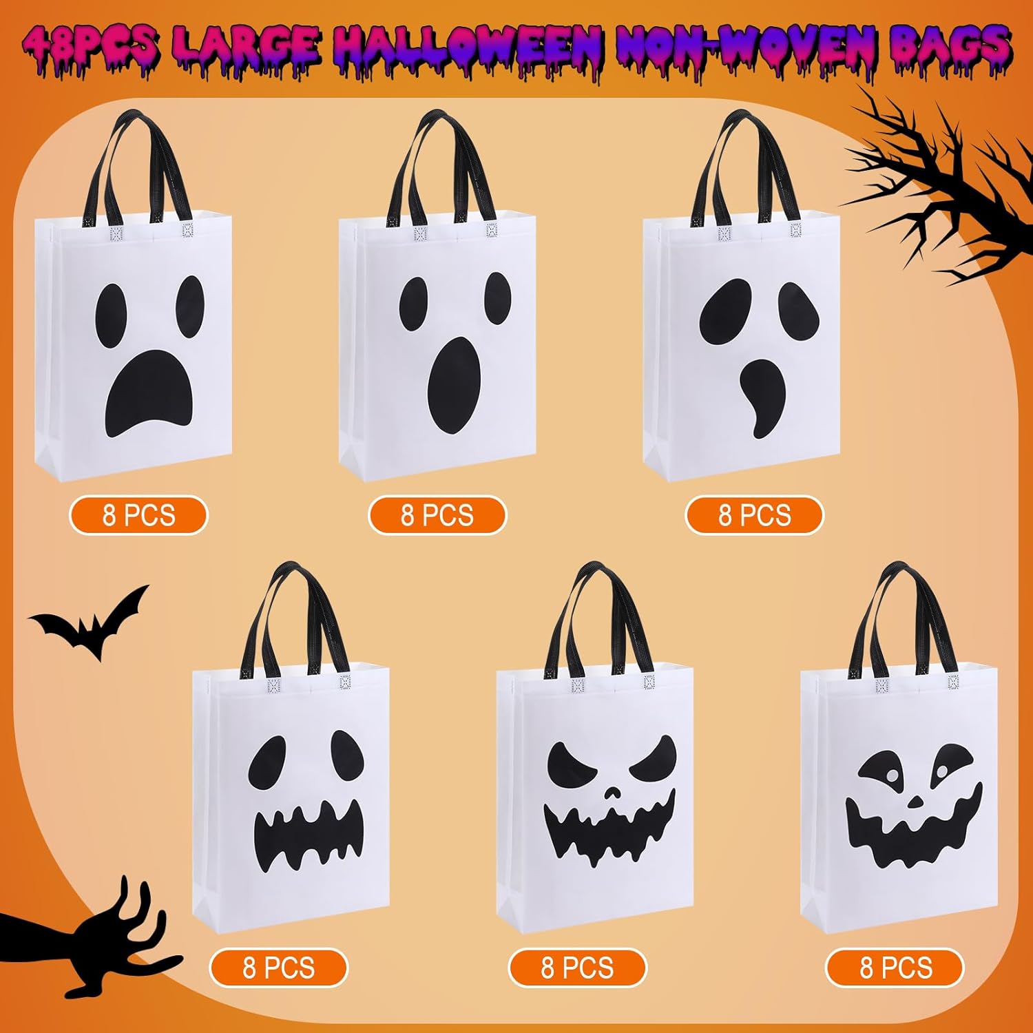 Sanwuta 48 Pcs Halloween Tote Gift Bags 14.9 x 11.8 Large Treat or Trick Ghost Reusable Non Woven Candy Goodies Bags for Halloween - Image 5