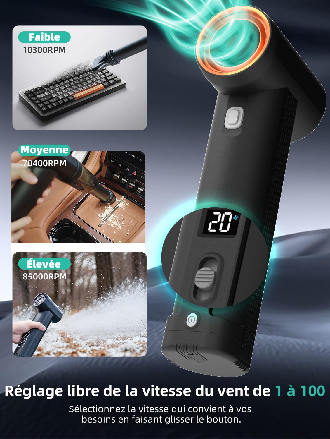 Kica Jetfan Max Souffleurs de Feuilles sans Fil,Aspirateur souffleur léger avec Batterie Amovible 4000mAh*6S & Chargeur, Puissance d’Aspiration 331 km/h & 11m³/Min,Mode de Vitesse 1-100,buse Amovible