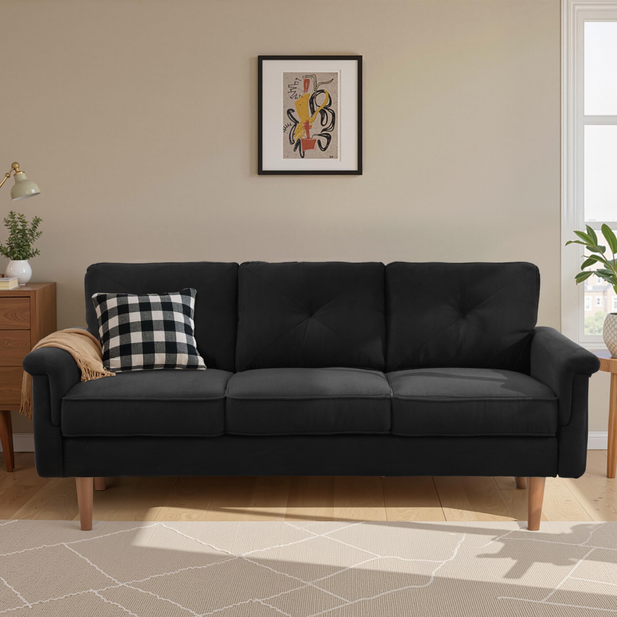 ovios Luxury 3 Seater Sofa with Faux Leather,Mid-Century Modern Couch with Comfortable Armrest,Comfy Couches with Deep Seat,Small Sofas for Living Room Bedroom (Black)