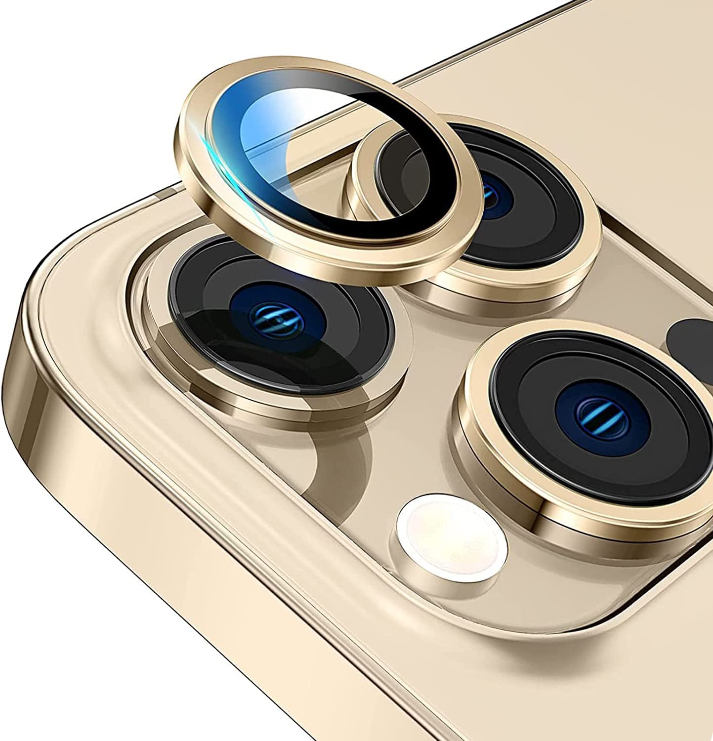 MobileZon Compatible for iPhone 14 Pro Max / 14 Pro Camera Lens Protector Tempered Glass Alloy Metal Rings Protection (Gold)