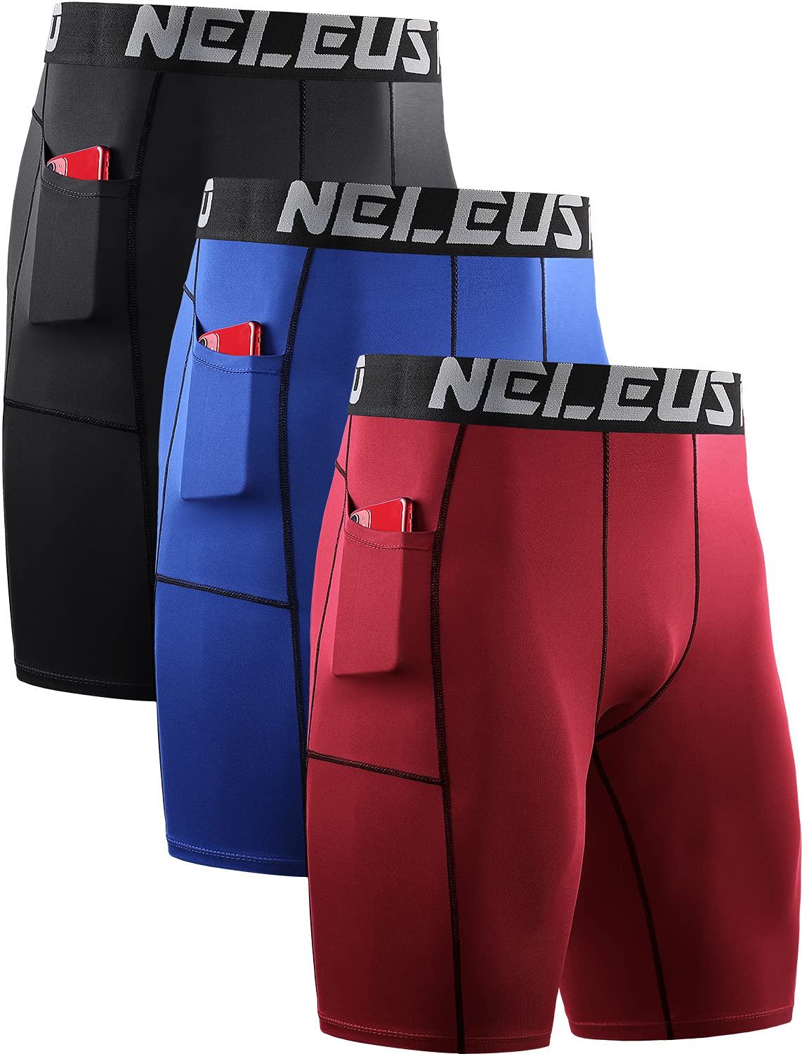 NELEUSMen's Compression Short with Pocket Dry Fit Yoga Running Shorts Pack of 3