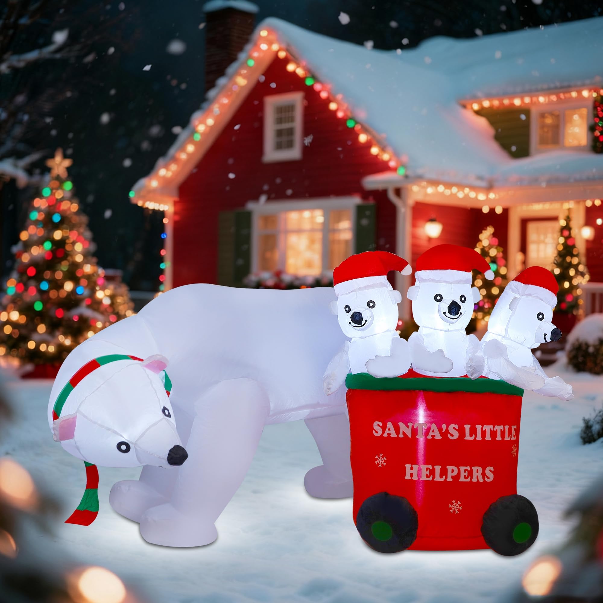 DR.DUDU Oso polar inflable de Navidad de 7 pies con sombrero de Papá Noel, oso de Navidad inflable decoraciones al aire libre para césped, jardín, patio, fiesta de Navidad