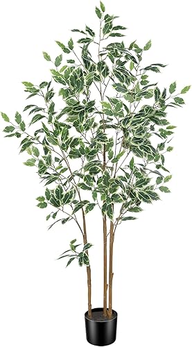 Ficus Tree Artificial - Árboles de ficus artificiales de 5 pies para interiores con tronco natural y hojas realistas, árbol de ficus falso para
