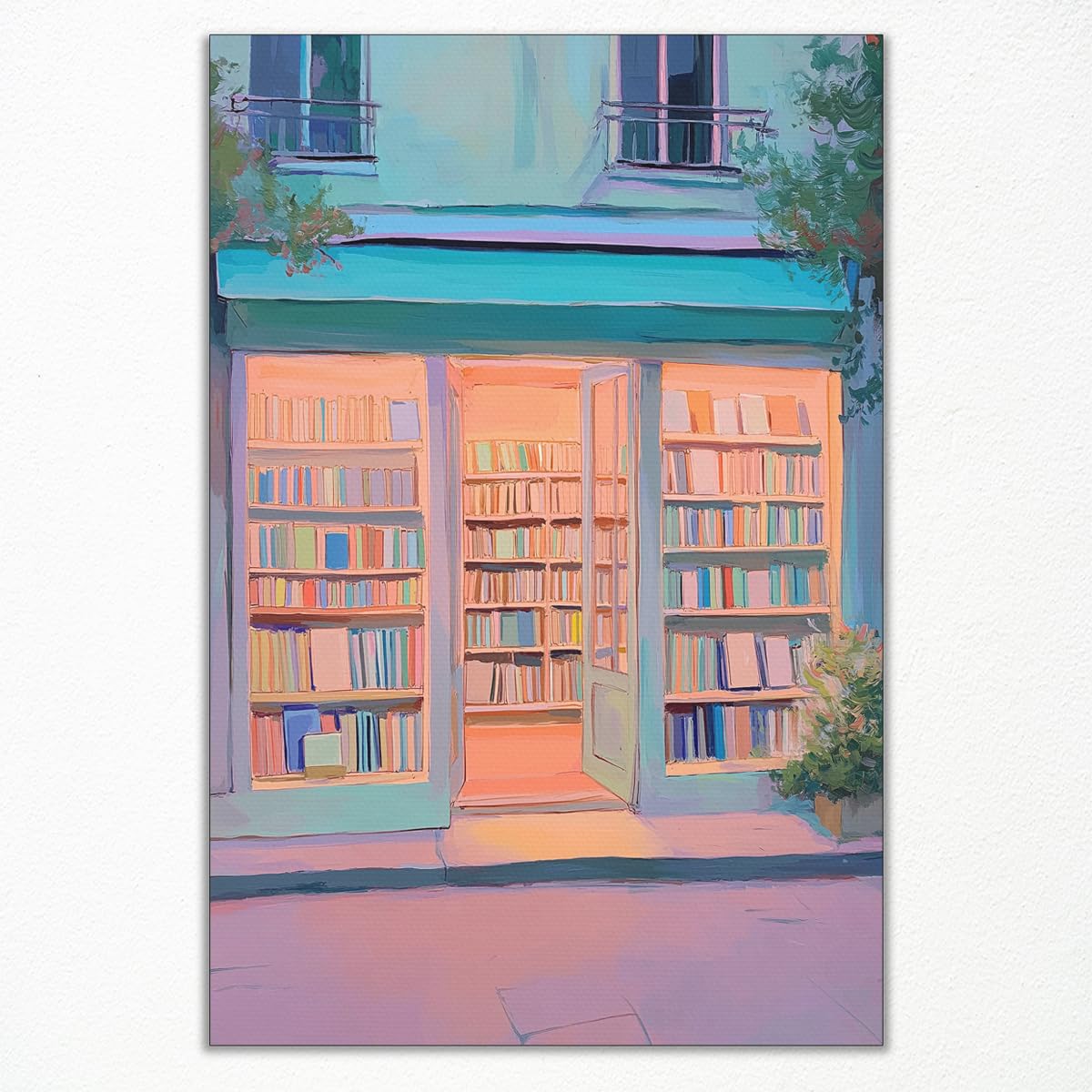 Book Canvas Wall Art, Library Bookshop Poster, Vintage Bookstore Wall Print, Pink Blue Reading Nook Picture, Book Lover Bookish Art Painting, Book