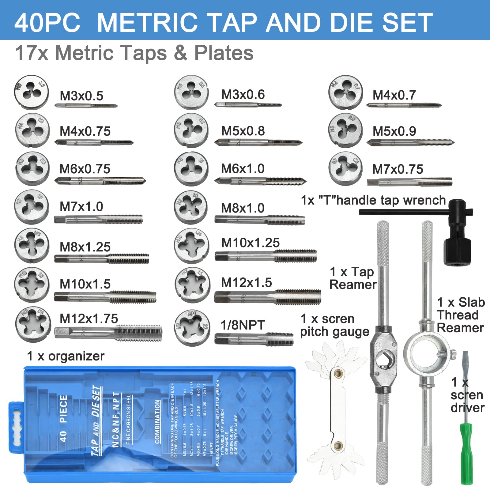 TMZDCJK 40pc Metric Tap and Die Set M3 to M12, Alloy Steel Threading Tools with Cotter Die, Tap Wrench and Pitch Gauge - Image 2