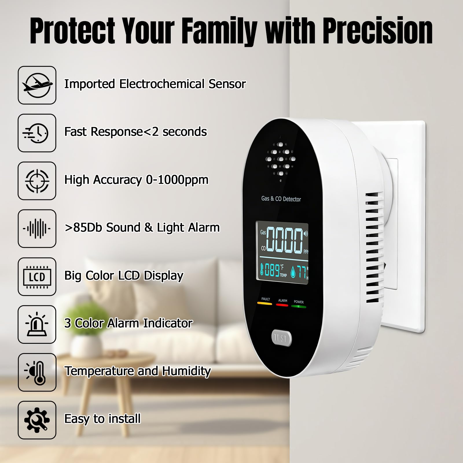 4 in 1 sensore di temperatura e umidità, termometro d'atmosfera con allarme acustico, LCD digitale igrometro Digitale per Interni, termometro igrometro per interni con schermo HD e display - Nero