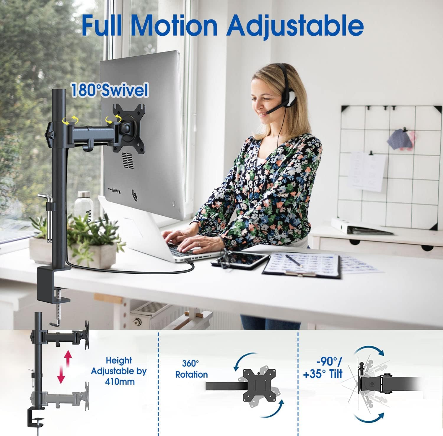 HFTEK Soporte para monitor de 13 a 34 pulgadas, soporte para monitor de brazo y pantalla, soporte para pantallas LED LCD, 1 monitor, altura regulable, inclinable, VESA 75 x 75/100 x 100