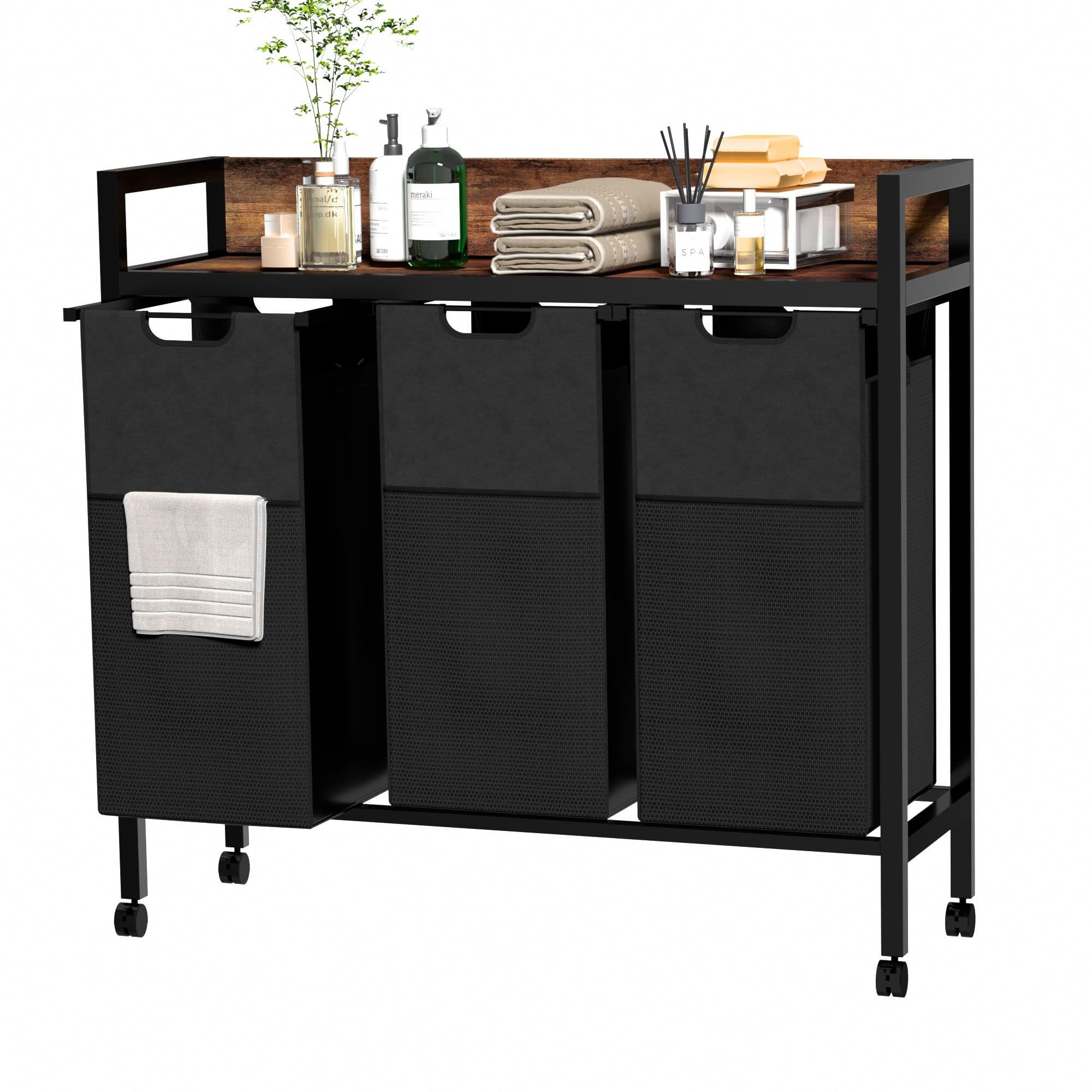 Serxis Laundry Sorter 3 Section,360°Rolling Laundry Basket,3 Pull-Out and Removable Oxford Fabric Laundry Bags(144L),Rustic Brown and Black