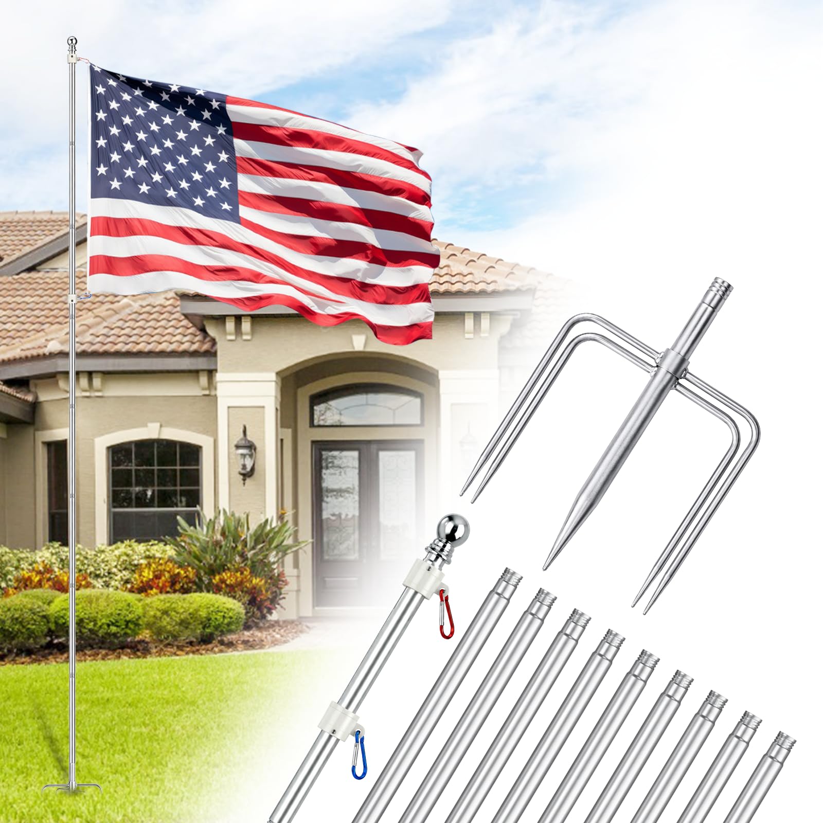 Photo 1 of ZMTECH 12 FT Flag Pole in Ground, Heavy Duty Flag Pole Holder for Outside House with 5 Pronges Base, Extra Thick Flag Pole Kit for Yard Outdoor Garden Decor Residential Commerical Silver